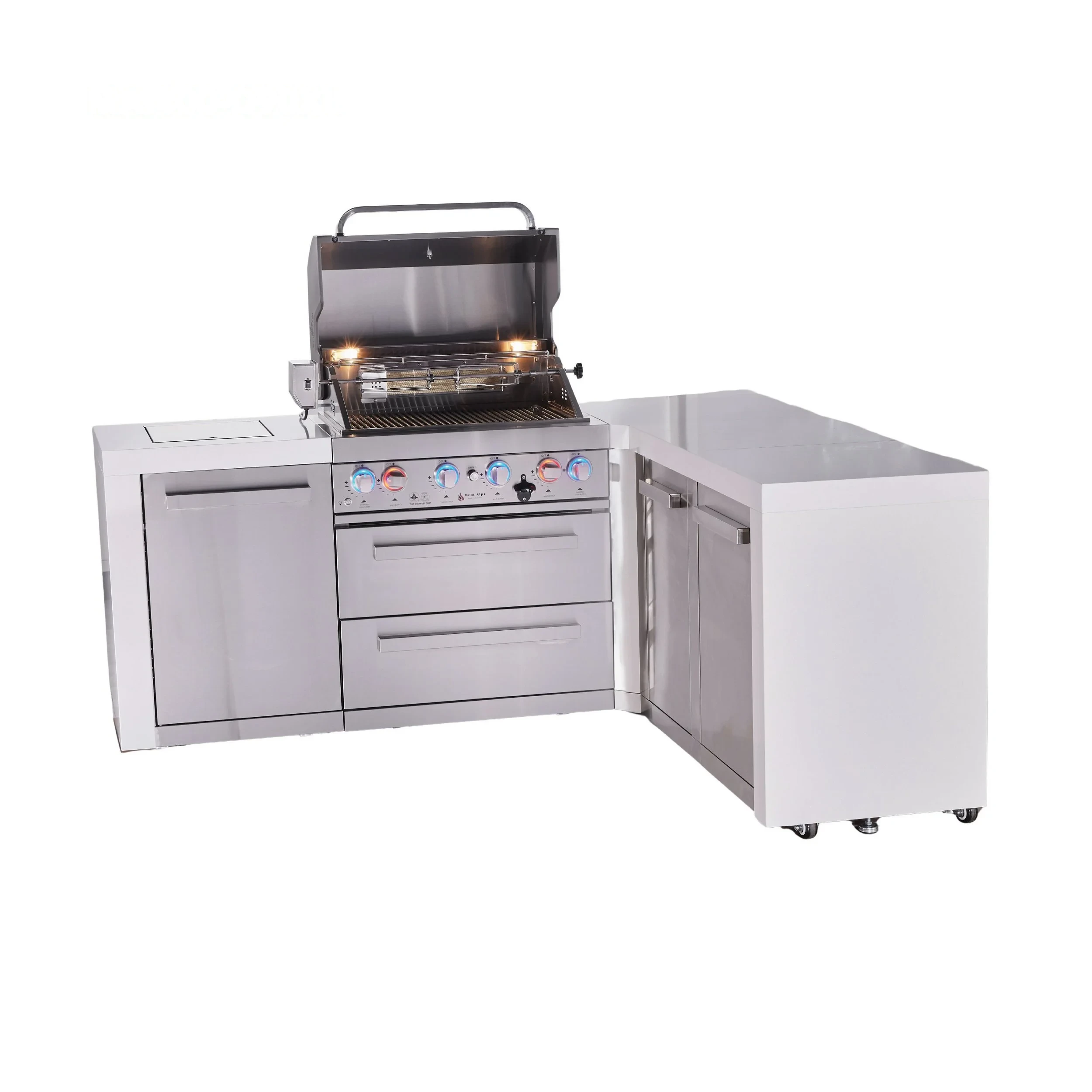 4-burner L-shaped Deluxe Series Outdoor Kitchen Island With Extra Storage Cabinet Module MAI400D90XL