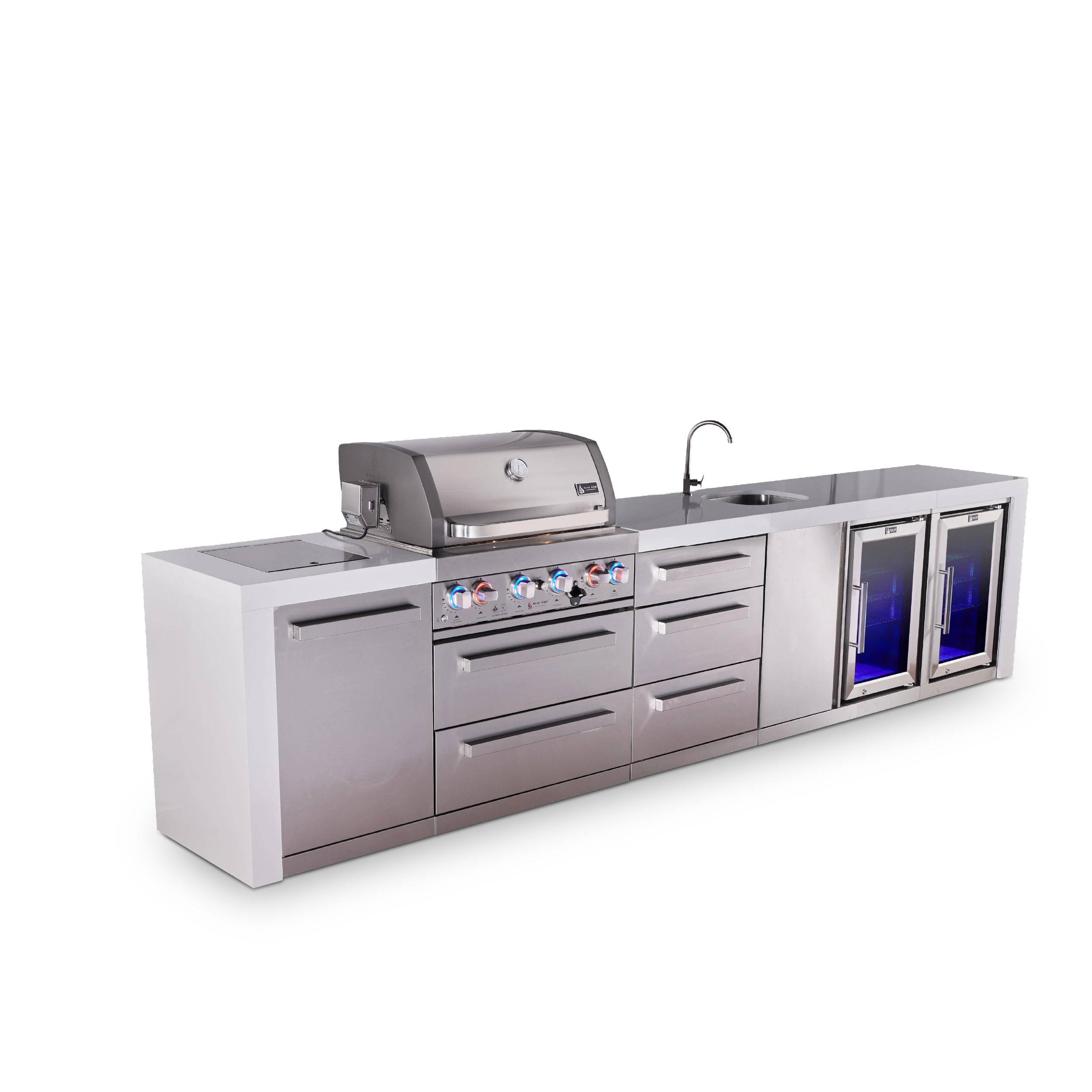 4-burner Deluxe Series Outdoor Kitchen Island With Beverage Center And Deluxe Fridge Module Plus Extra Drawer Cabinet MAI400DBEVFCDR