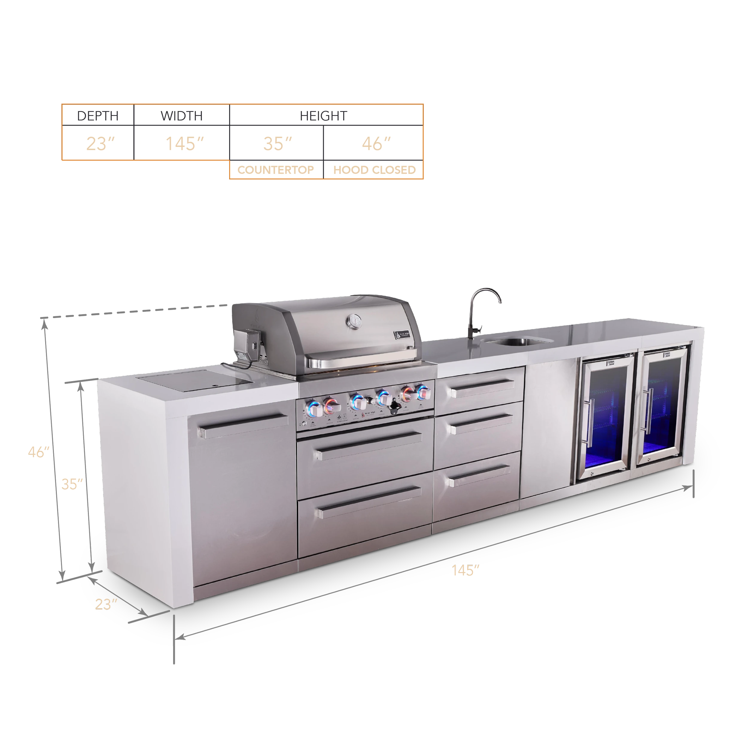 4-burner Deluxe Series Outdoor Kitchen Island With Beverage Center And Deluxe Fridge Module Plus Extra Drawer Cabinet MAI400DBEVFCDR