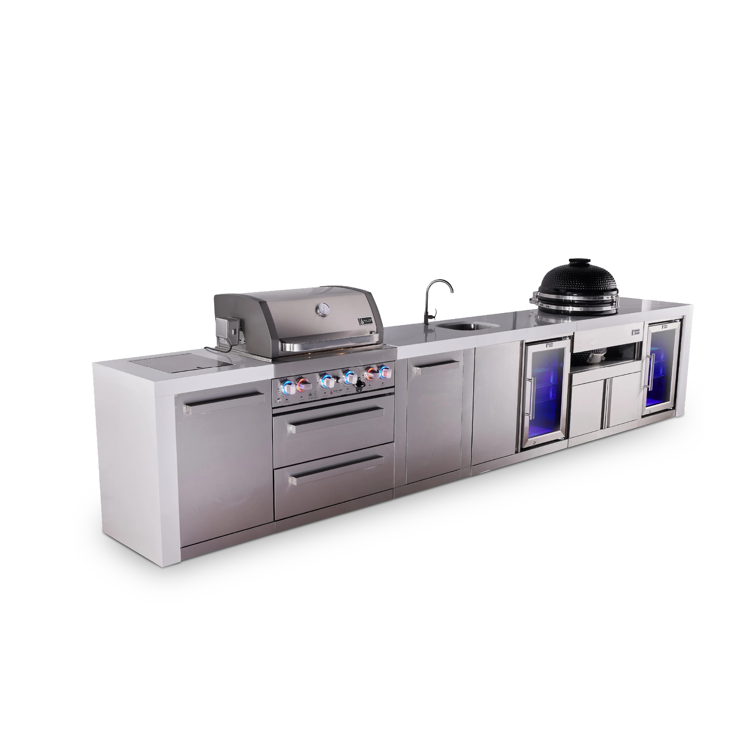 4-burner Deluxe Series Outdoor Kitchen Island With Beverage Center, Kamado And Corner Fridge Module MAI400DBEVFCKAMXL