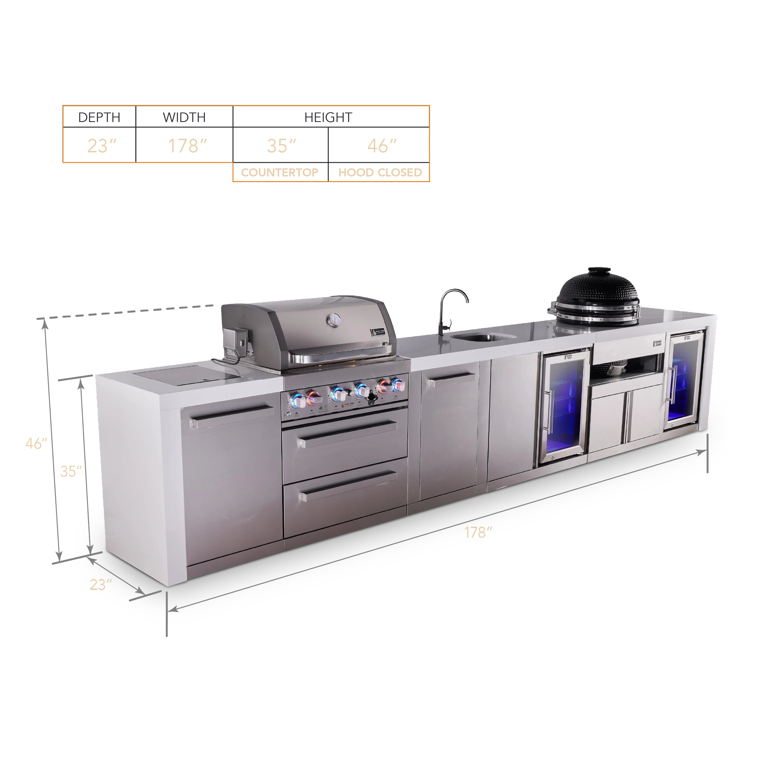 4-burner Deluxe Series Outdoor Kitchen Island With Beverage Center, Kamado And Corner Fridge Module MAI400DBEVFCKAMXL