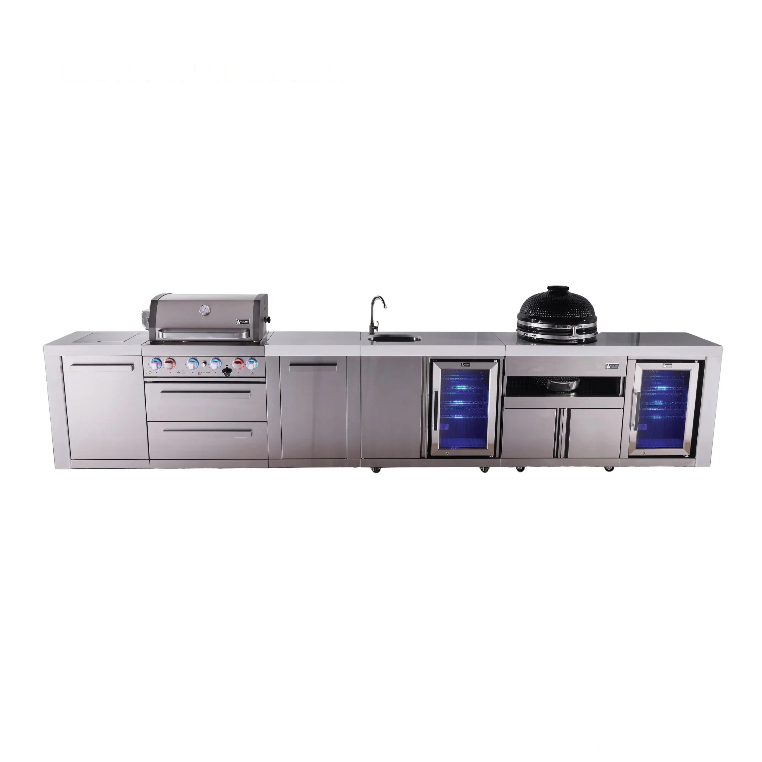 4-burner Deluxe Series Outdoor Kitchen Island With Beverage Center, Kamado And Corner Fridge Module MAI400DBEVFCKAMXL