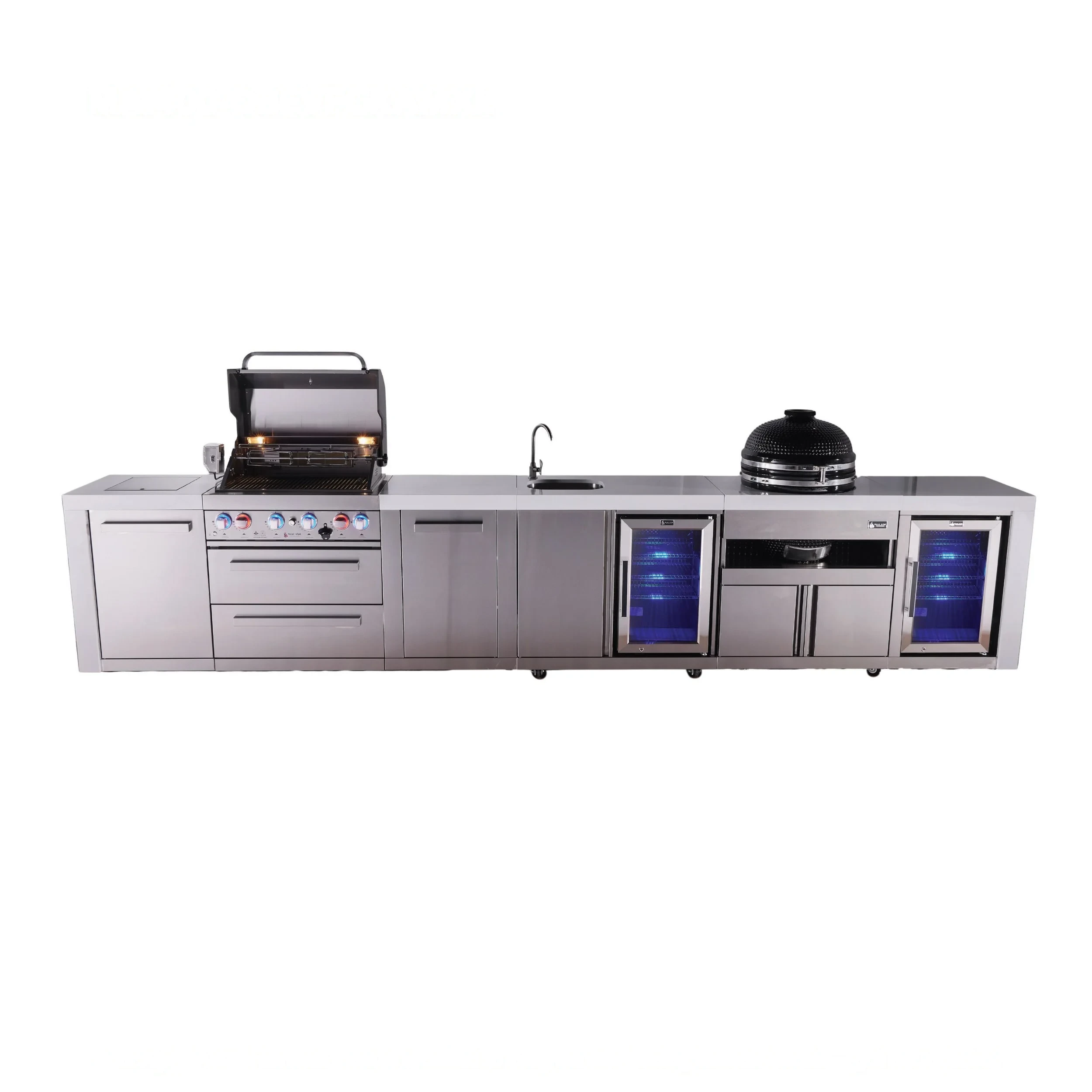 4-burner Deluxe Series Outdoor Kitchen Island With Beverage Center, Kamado And Corner Fridge Module MAI400DBEVFCKAMXL