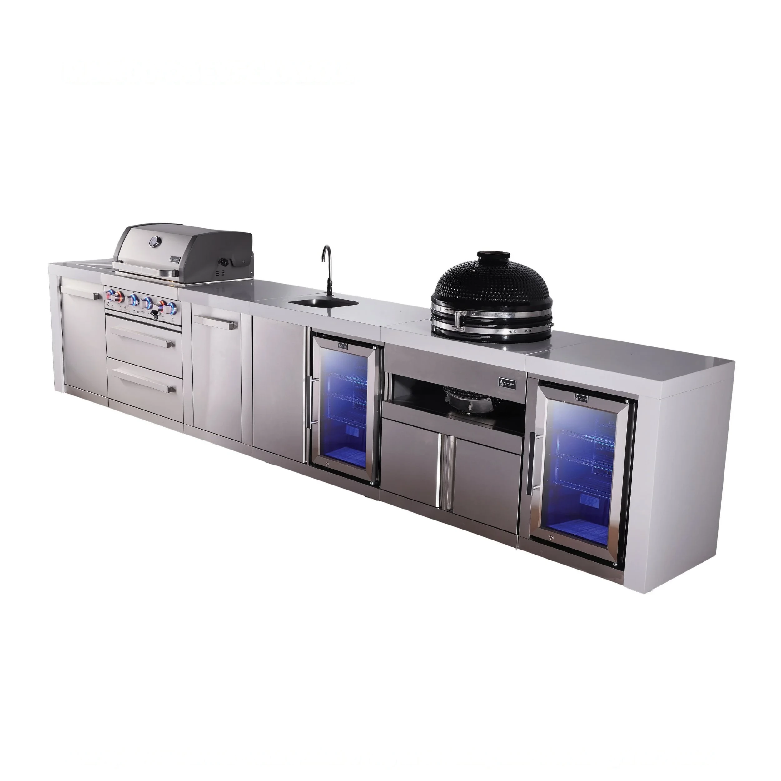 4-burner Deluxe Series Outdoor Kitchen Island With Beverage Center, Kamado And Corner Fridge Module MAI400DBEVFCKAMXL