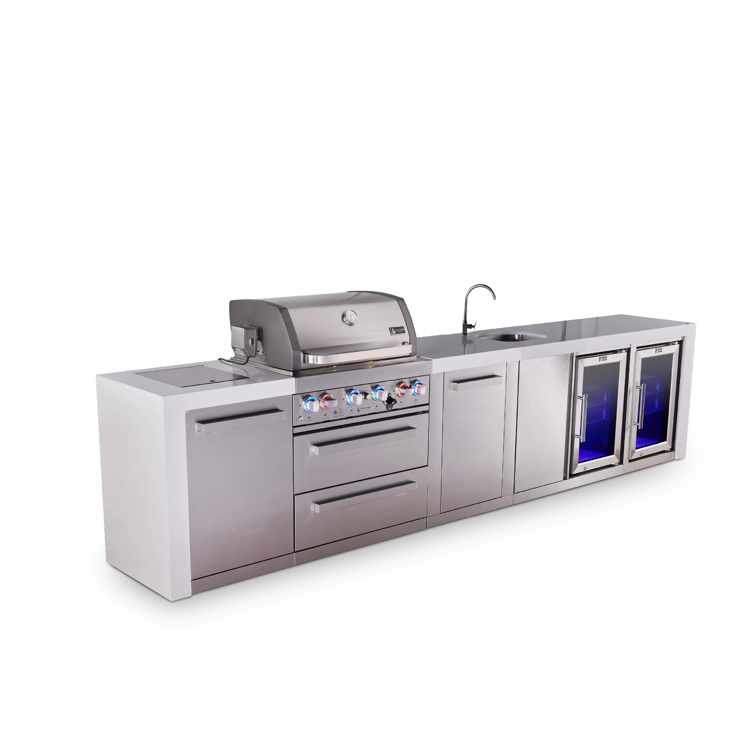 4-burner Deluxe Series Outdoor Kitchen Island With Beverage Center And Corner Fridge Module MAI400DBEVFCXL