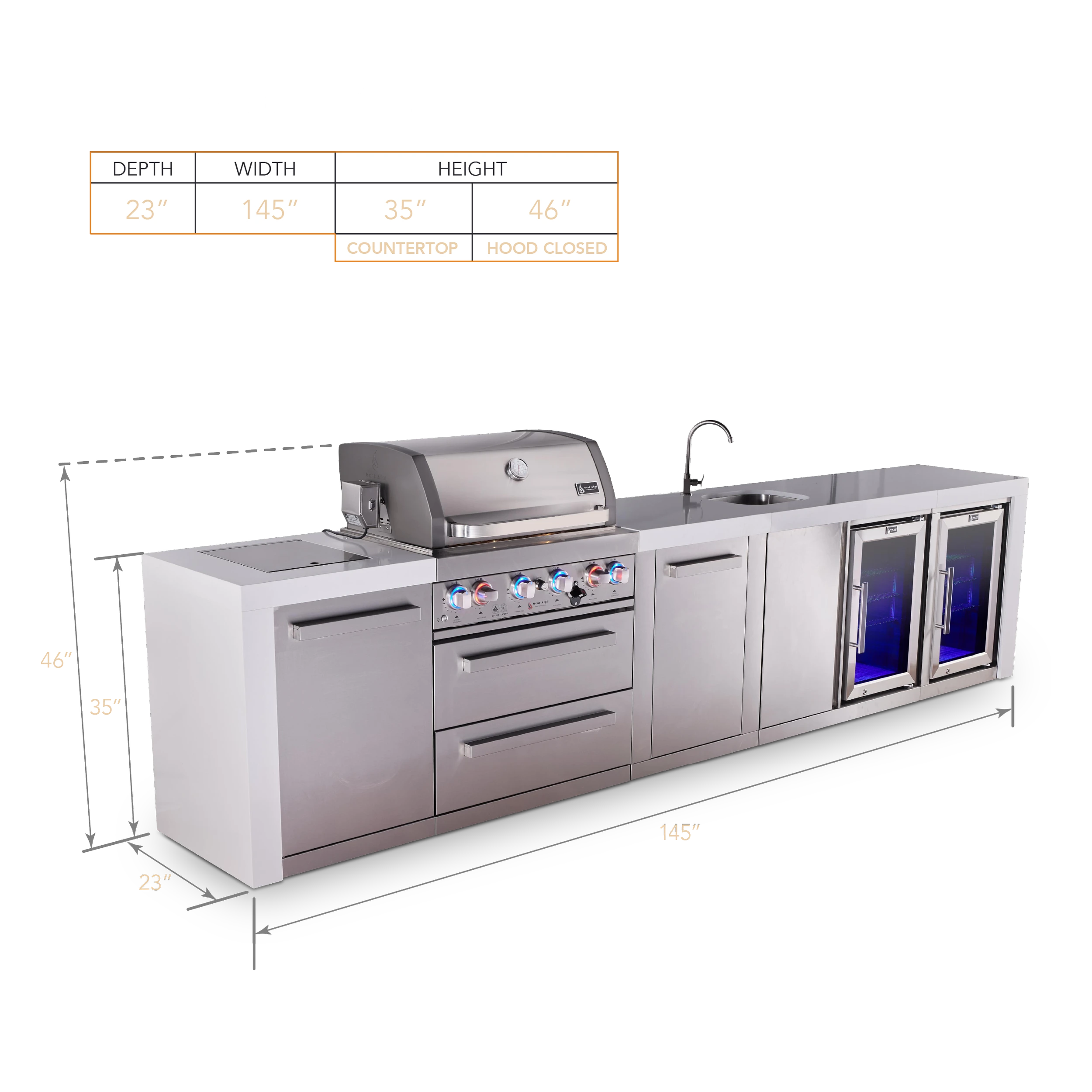 4-burner Deluxe Series Outdoor Kitchen Island With Beverage Center And Corner Fridge Module MAI400DBEVFCXL