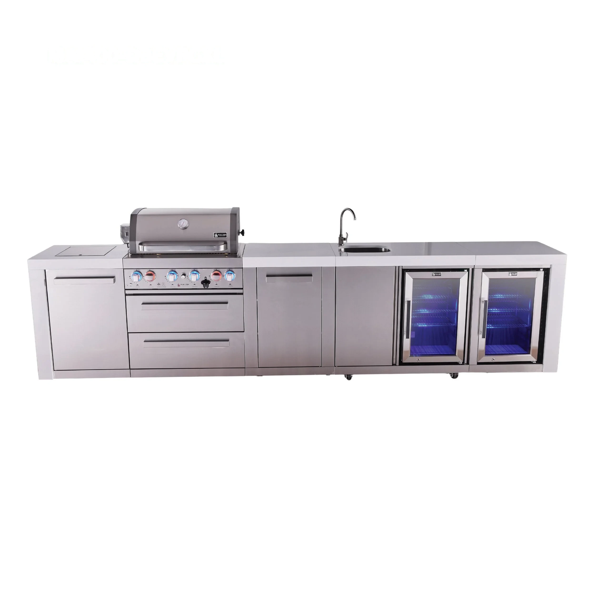 4-burner Deluxe Series Outdoor Kitchen Island With Beverage Center And Corner Fridge Module MAI400DBEVFCXL