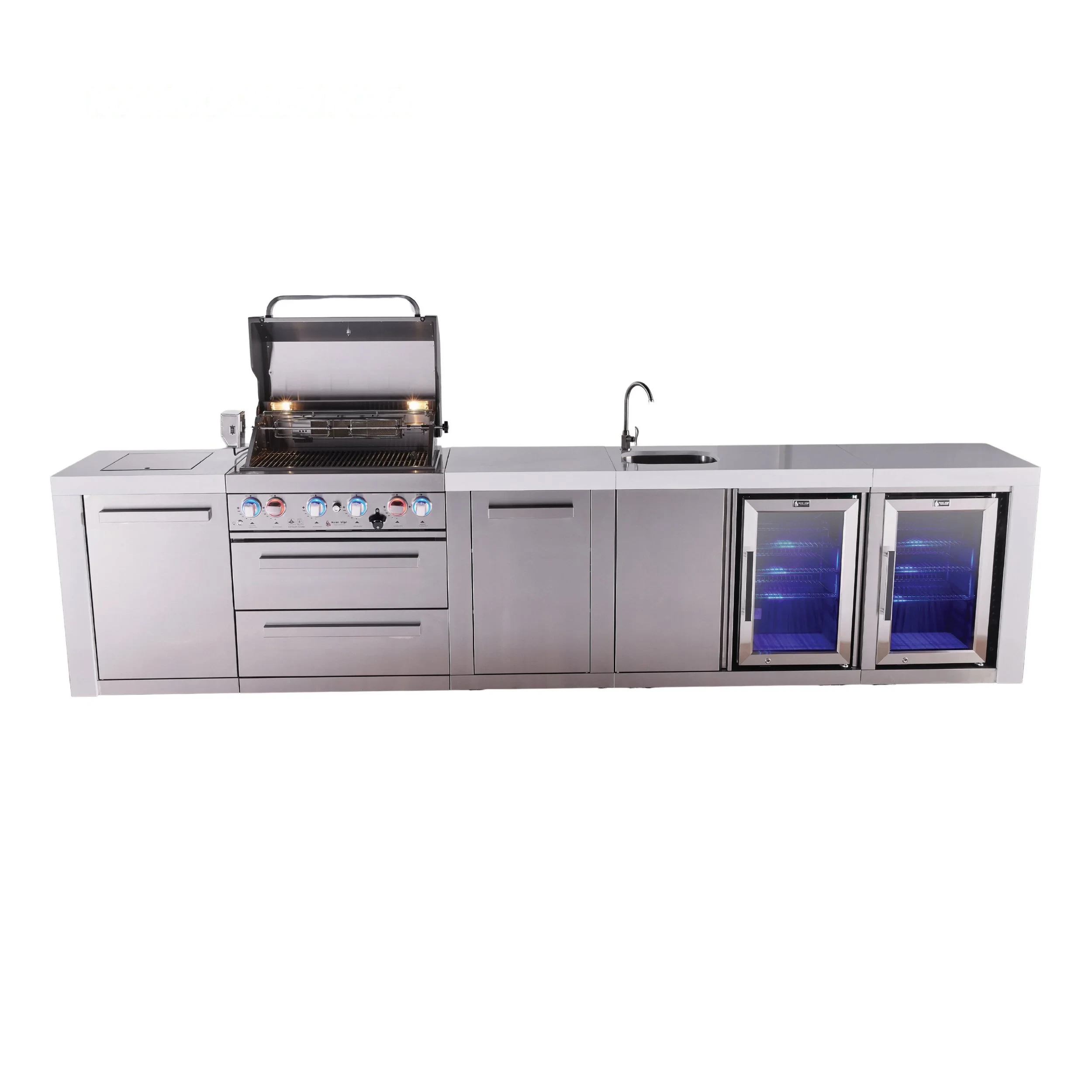 4-burner Deluxe Series Outdoor Kitchen Island With Beverage Center And Corner Fridge Module MAI400DBEVFCXL