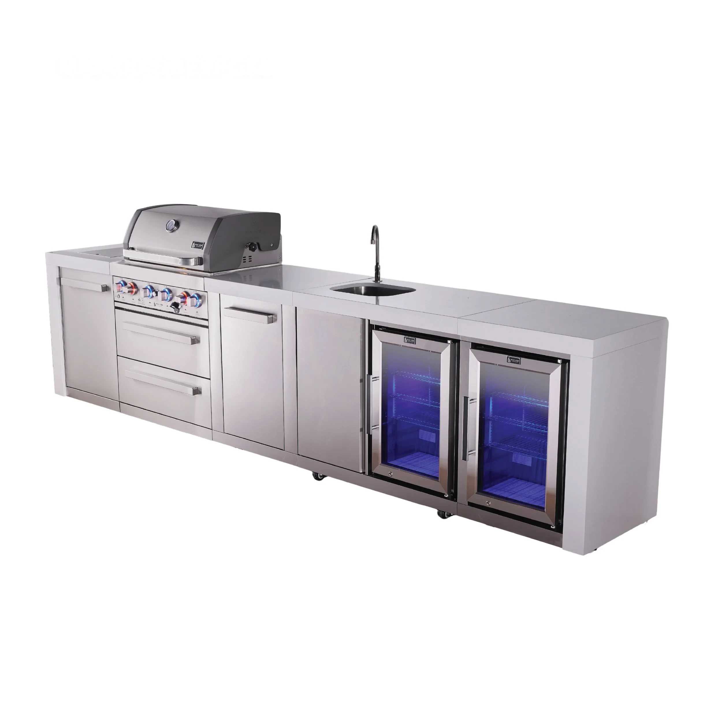 4-burner Deluxe Series Outdoor Kitchen Island With Beverage Center And Corner Fridge Module MAI400DBEVFCXL
