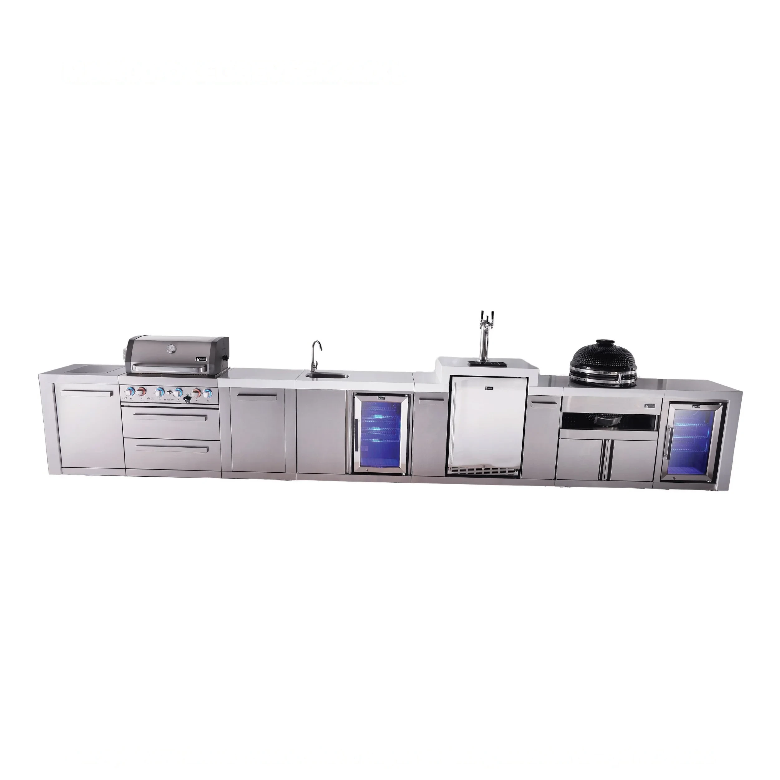 4-burner Deluxe Series Outdoor Kitchen Island With Beverage Center, Kegerator, Kamado Module And Corner Fridge MAI400DKEGBEVFCKAMXL