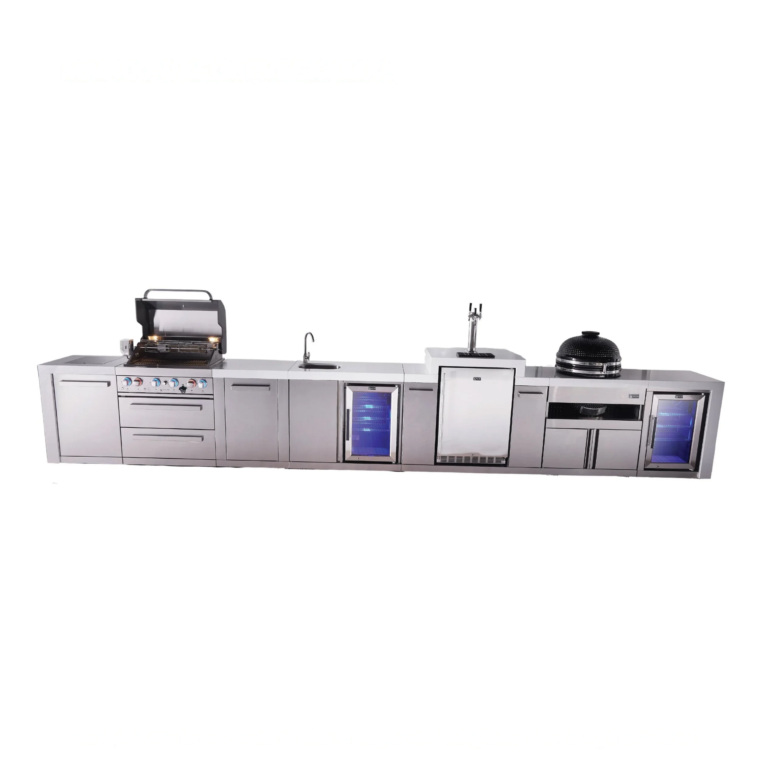 4-burner Deluxe Series Outdoor Kitchen Island With Beverage Center, Kegerator, Kamado Module And Corner Fridge MAI400DKEGBEVFCKAMXL
