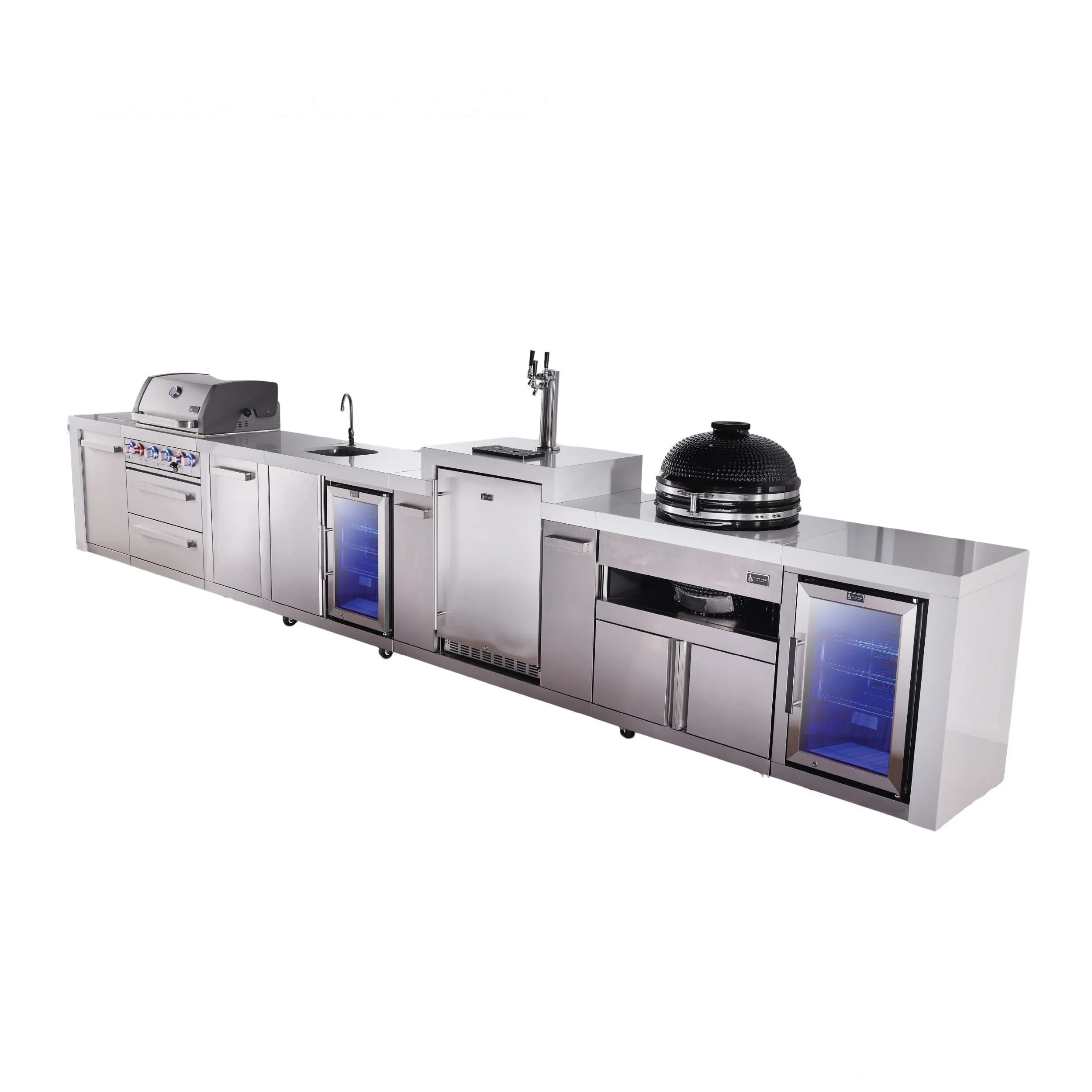 4-burner Deluxe Series Outdoor Kitchen Island With Beverage Center, Kegerator, Kamado Module And Corner Fridge MAI400DKEGBEVFCKAMXL