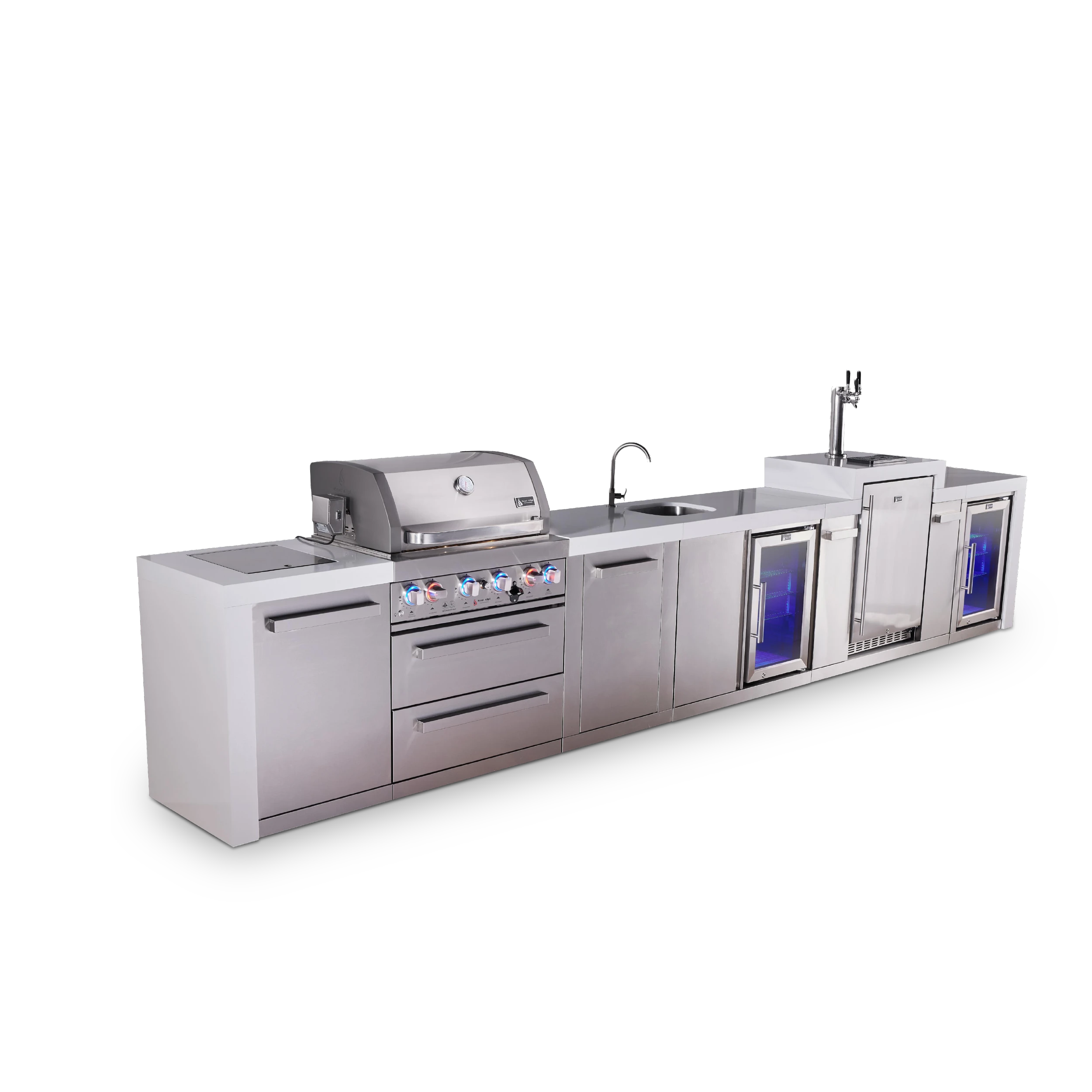 4-burner Deluxe Series Outdoor Kitchen Island With Beverage Center, Kegerator And Corner Fridge Module MAI400DKEGBEVFCXL