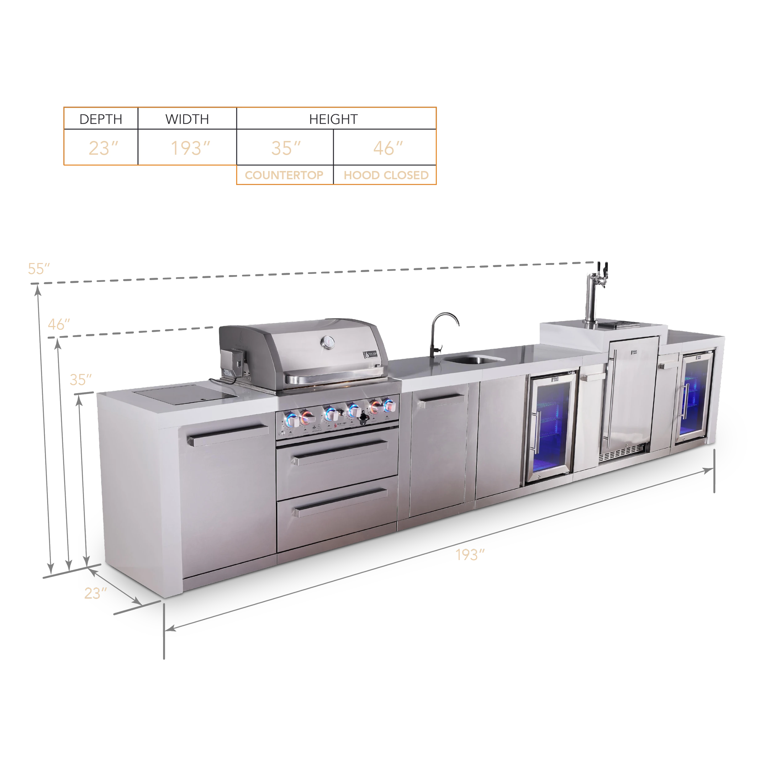 4-burner Deluxe Series Outdoor Kitchen Island With Beverage Center, Kegerator And Corner Fridge Module MAI400DKEGBEVFCXL