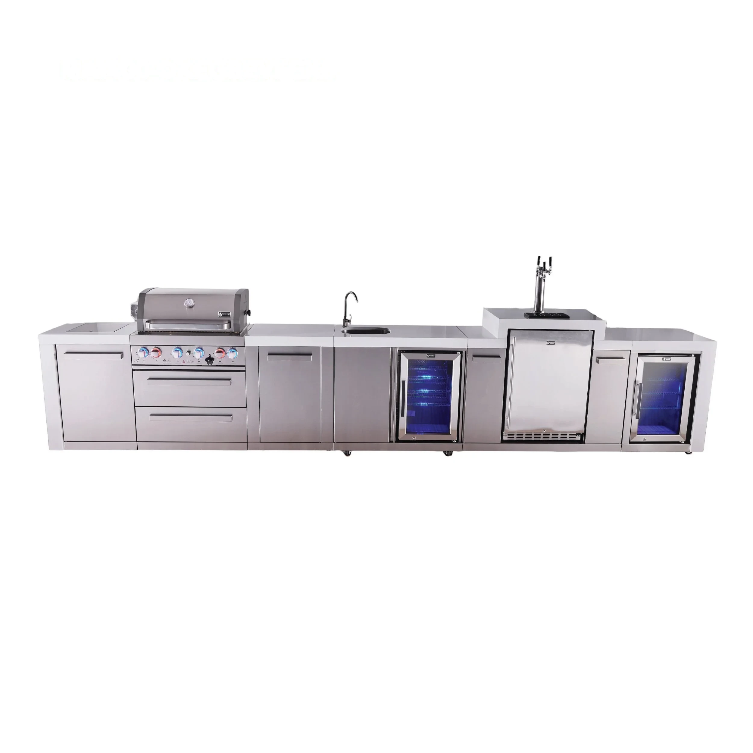 4-burner Deluxe Series Outdoor Kitchen Island With Beverage Center, Kegerator And Corner Fridge Module MAI400DKEGBEVFCXL