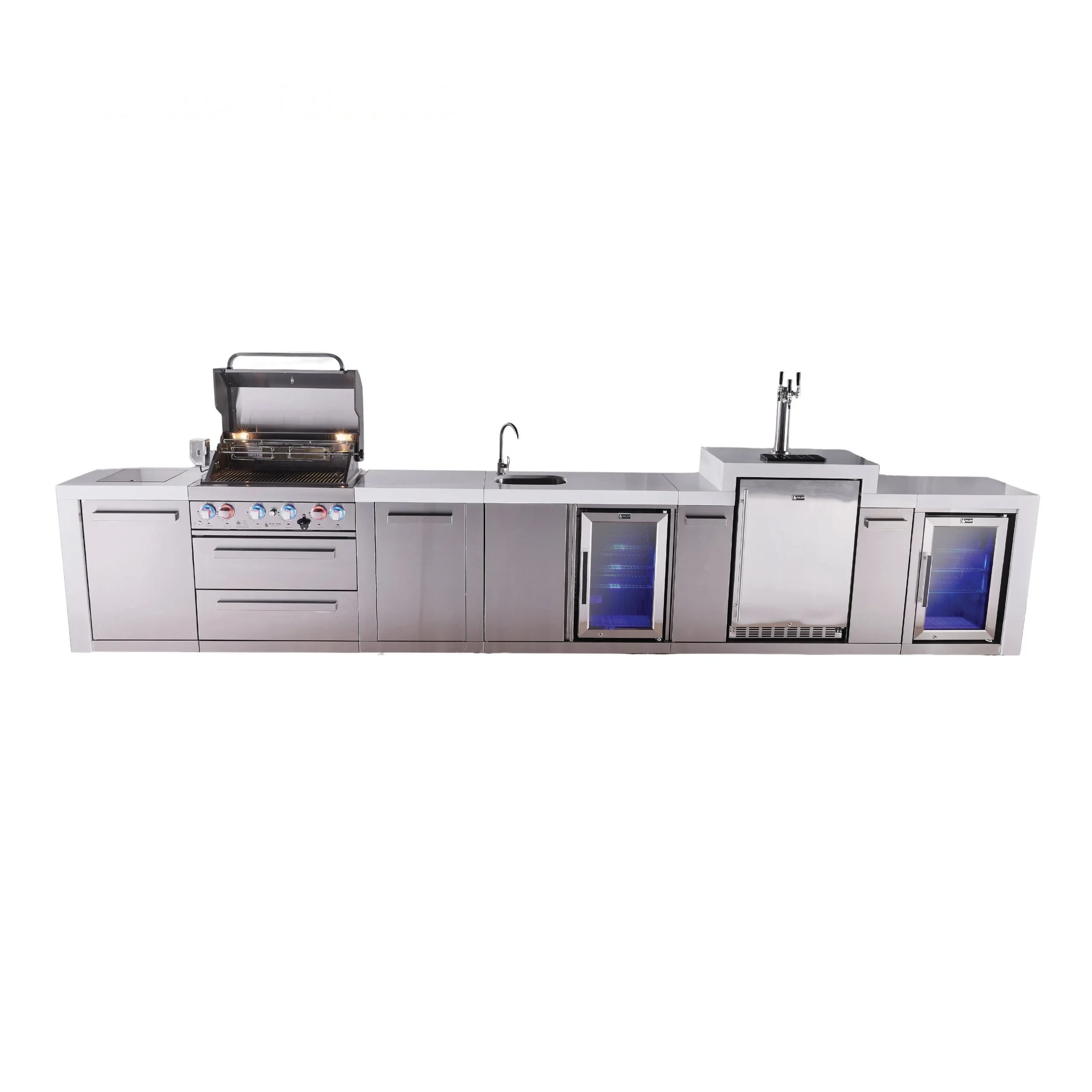 4-burner Deluxe Series Outdoor Kitchen Island With Beverage Center, Kegerator And Corner Fridge Module MAI400DKEGBEVFCXL