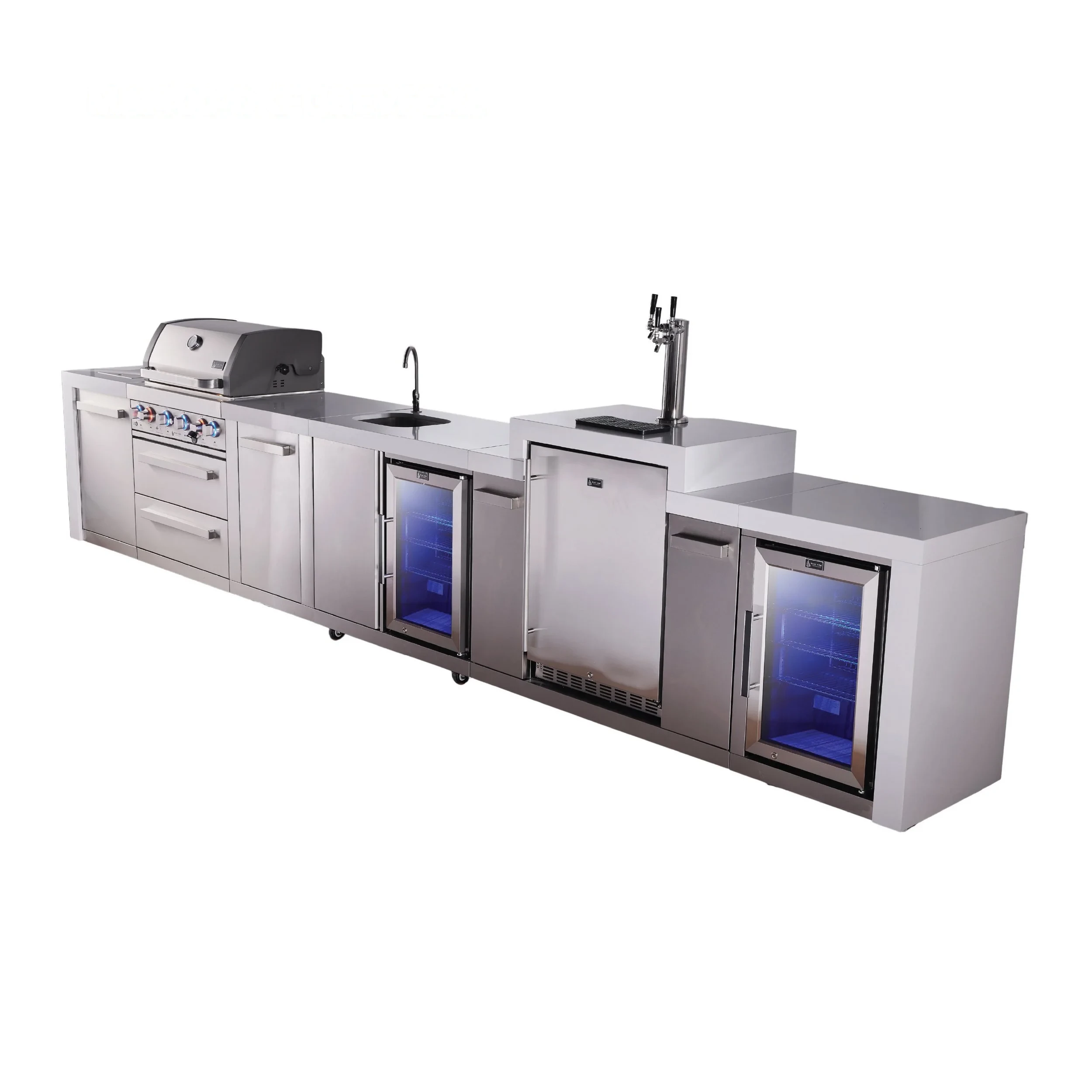 4-burner Deluxe Series Outdoor Kitchen Island With Beverage Center, Kegerator And Corner Fridge Module MAI400DKEGBEVFCXL