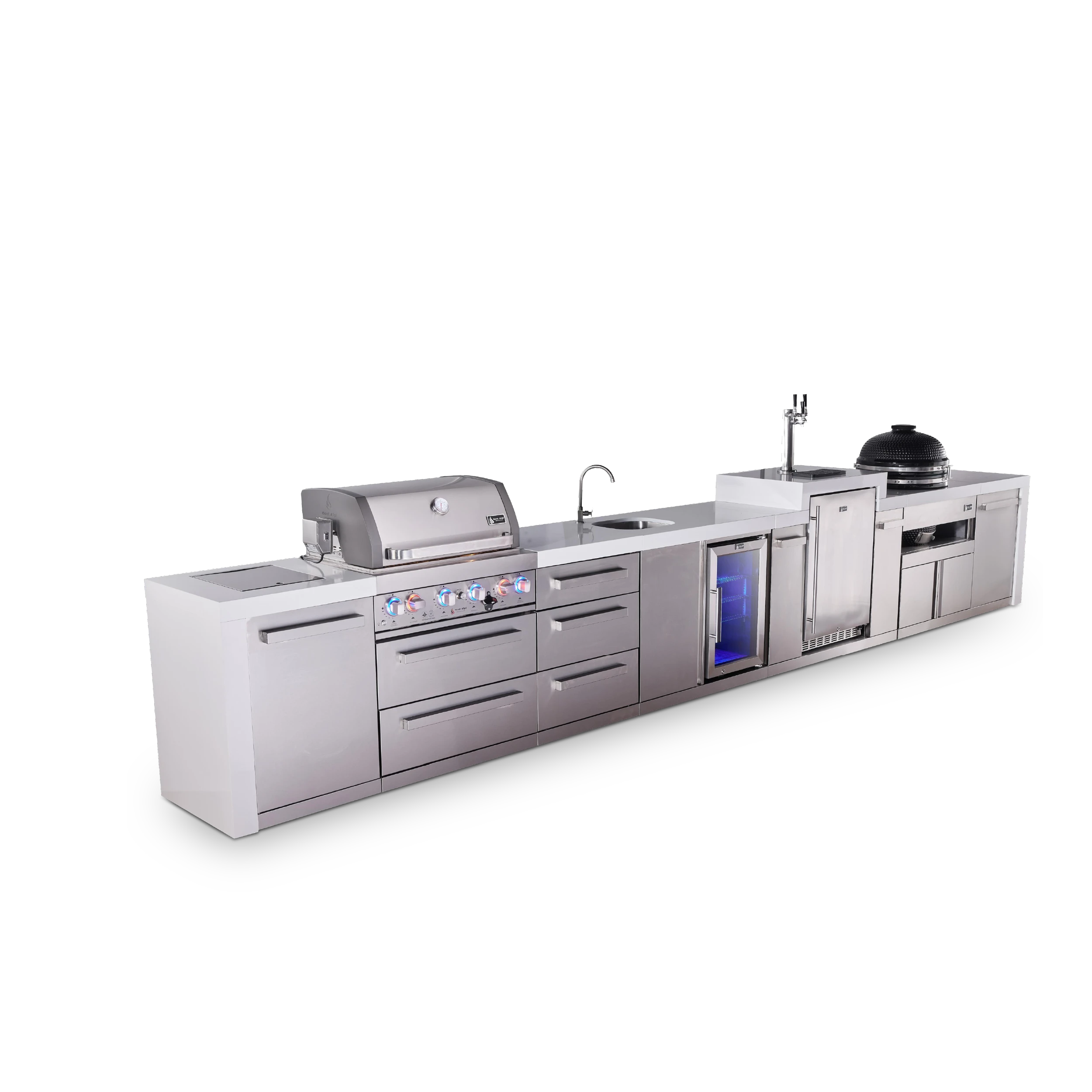 4-burner Deluxe Series Outdoor Kitchen Island With Beverage Center, Kegerator And Kamado Grill Module Plus Extra Storage Drawer Slides MAI400DKEGBEVKAMDR