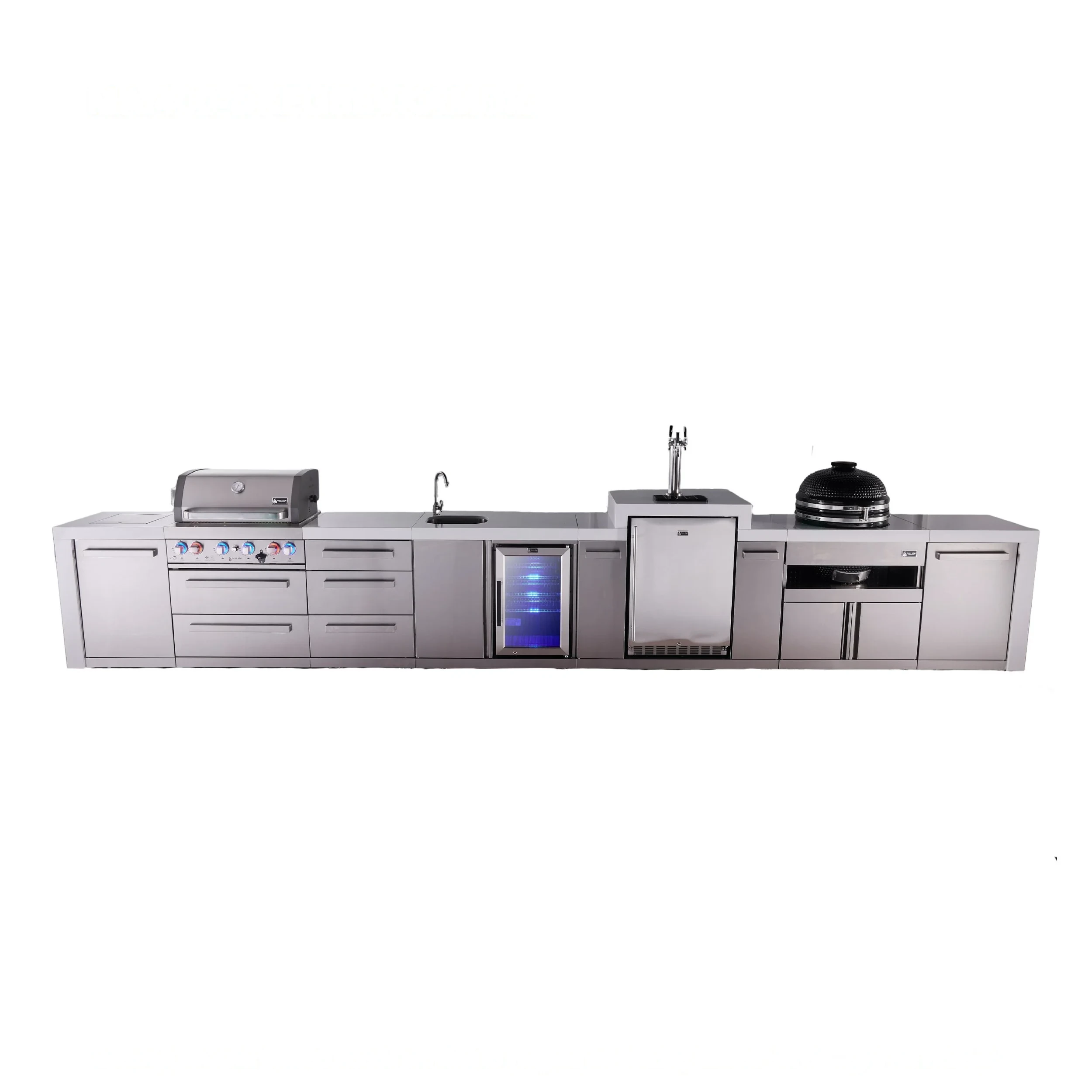 4-burner Deluxe Series Outdoor Kitchen Island With Beverage Center, Kegerator And Kamado Grill Module Plus Extra Storage Drawer Slides MAI400DKEGBEVKAMDR