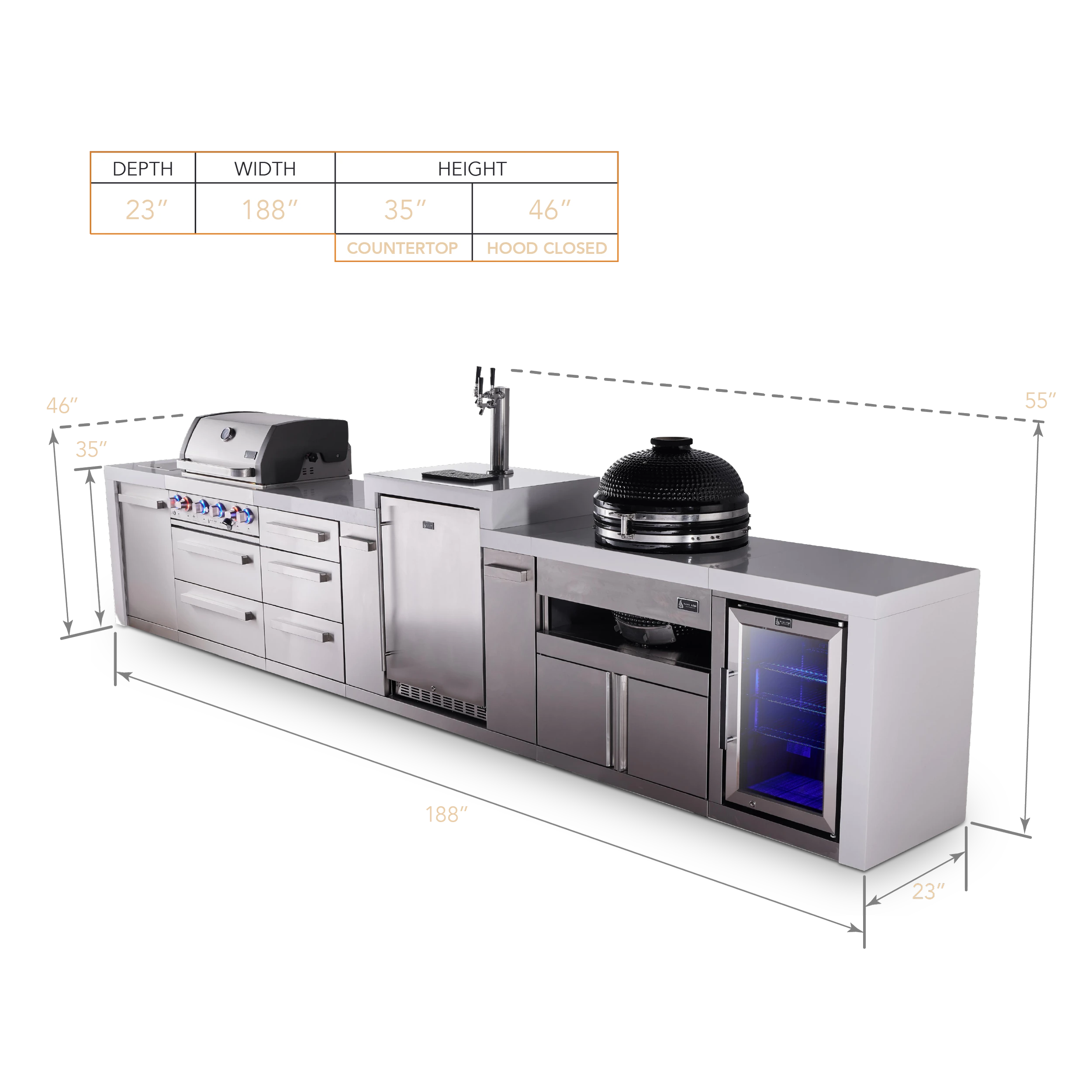 4-burner Deluxe Series Outdoor Kitchen Island With Kegerator, Kamado And Corner Fridge Module Plus Extra Drawers Slide Cabinet MAI400DKEGFCKAMDR