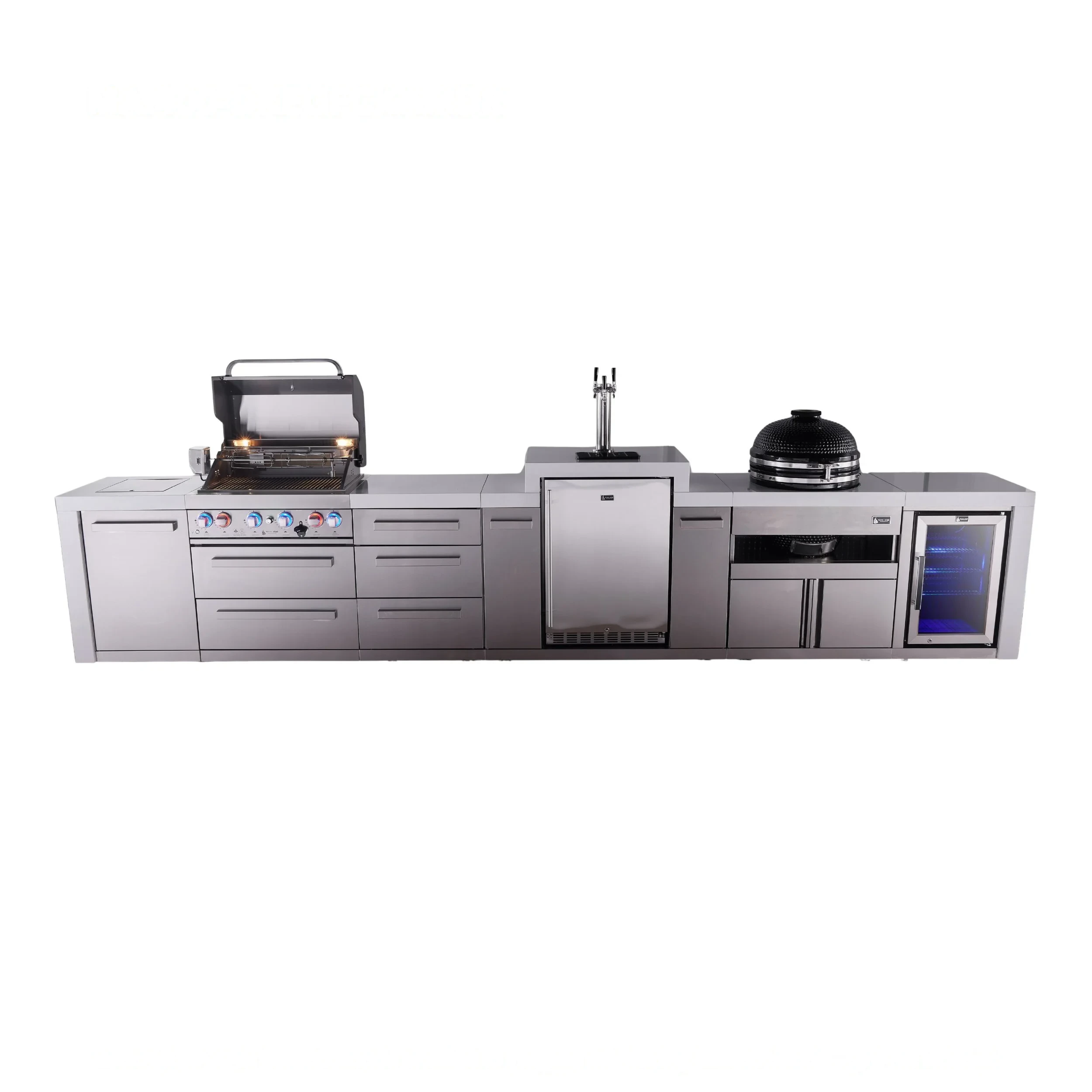 4-burner Deluxe Series Outdoor Kitchen Island With Kegerator, Kamado And Corner Fridge Module Plus Extra Drawers Slide Cabinet MAI400DKEGFCKAMDR
