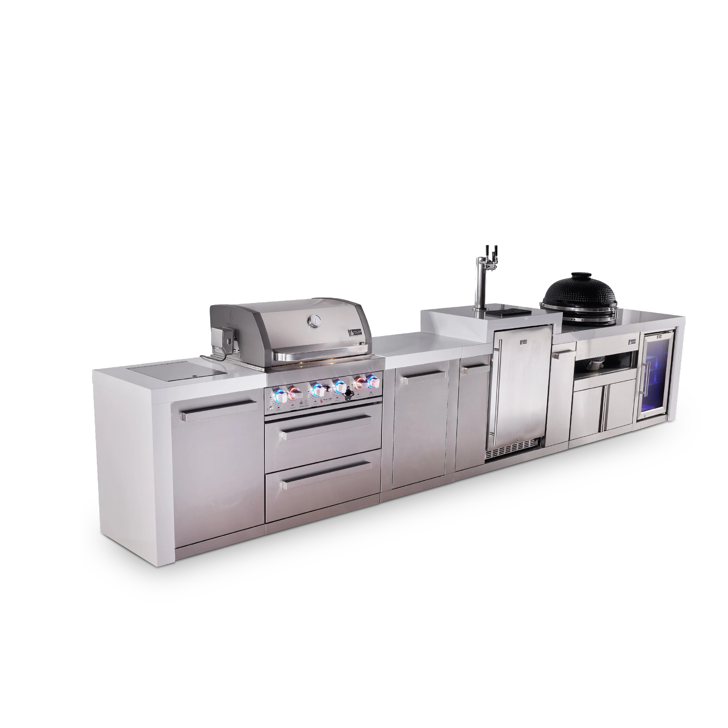 4-burner Deluxe Series Outdoor Kitchen Island With Kegerator, Kamado Module And Corner Fridge Module Plus Extra Storage Cabinet MAI400DKEGFCKAMXL