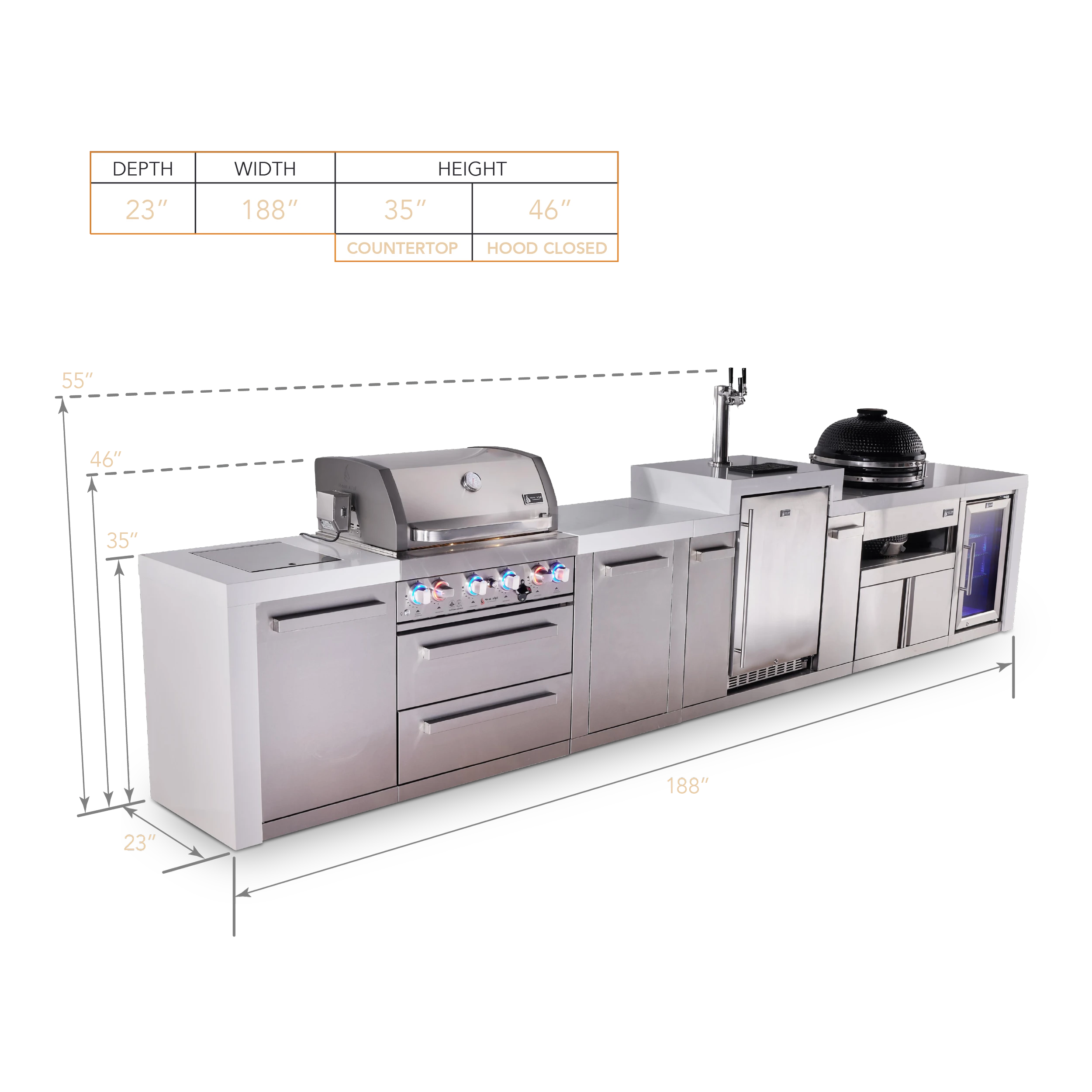 4-burner Deluxe Series Outdoor Kitchen Island With Kegerator, Kamado Module And Corner Fridge Module Plus Extra Storage Cabinet MAI400DKEGFCKAMXL