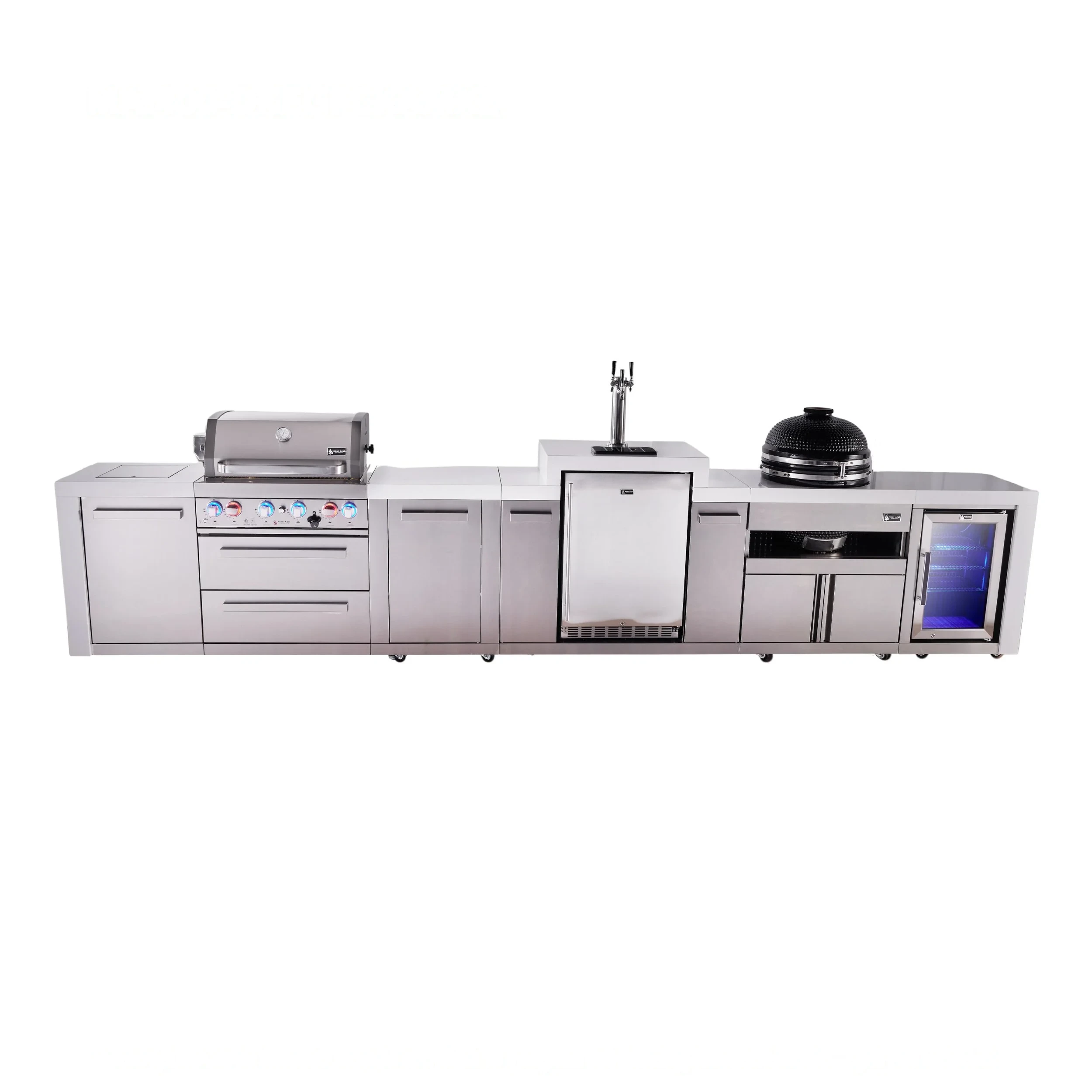 4-burner Deluxe Series Outdoor Kitchen Island With Kegerator, Kamado Module And Corner Fridge Module Plus Extra Storage Cabinet MAI400DKEGFCKAMXL