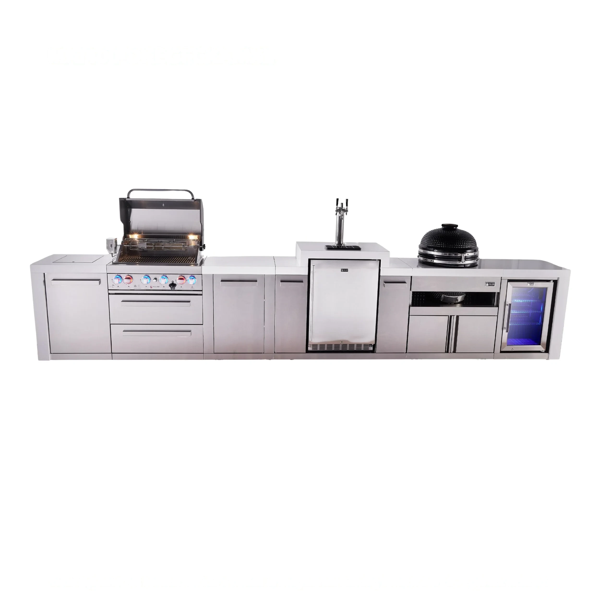 4-burner Deluxe Series Outdoor Kitchen Island With Kegerator, Kamado Module And Corner Fridge Module Plus Extra Storage Cabinet MAI400DKEGFCKAMXL