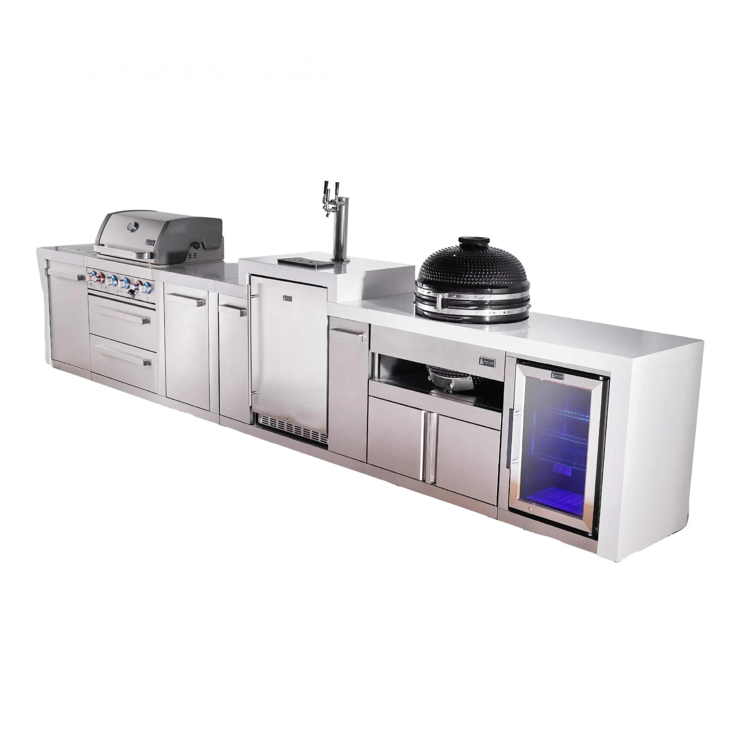 4-burner Deluxe Series Outdoor Kitchen Island With Kegerator, Kamado Module And Corner Fridge Module Plus Extra Storage Cabinet MAI400DKEGFCKAMXL