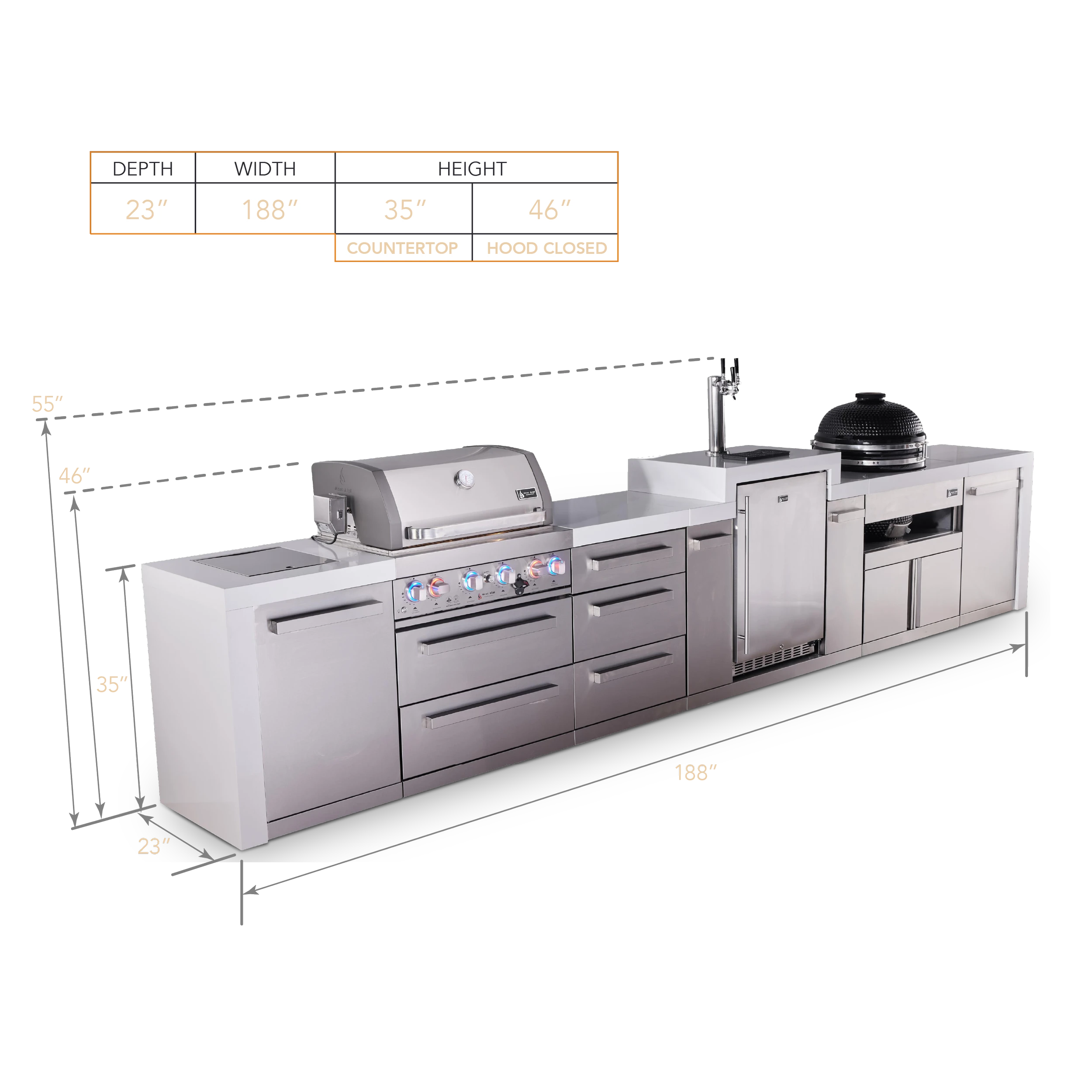 4-burner Deluxe Series Outdoor Kitchen Island With Kegerator And Kamado Grill Module Plus Extra Storage Drawer Slides MAI400DKEGKAMDR