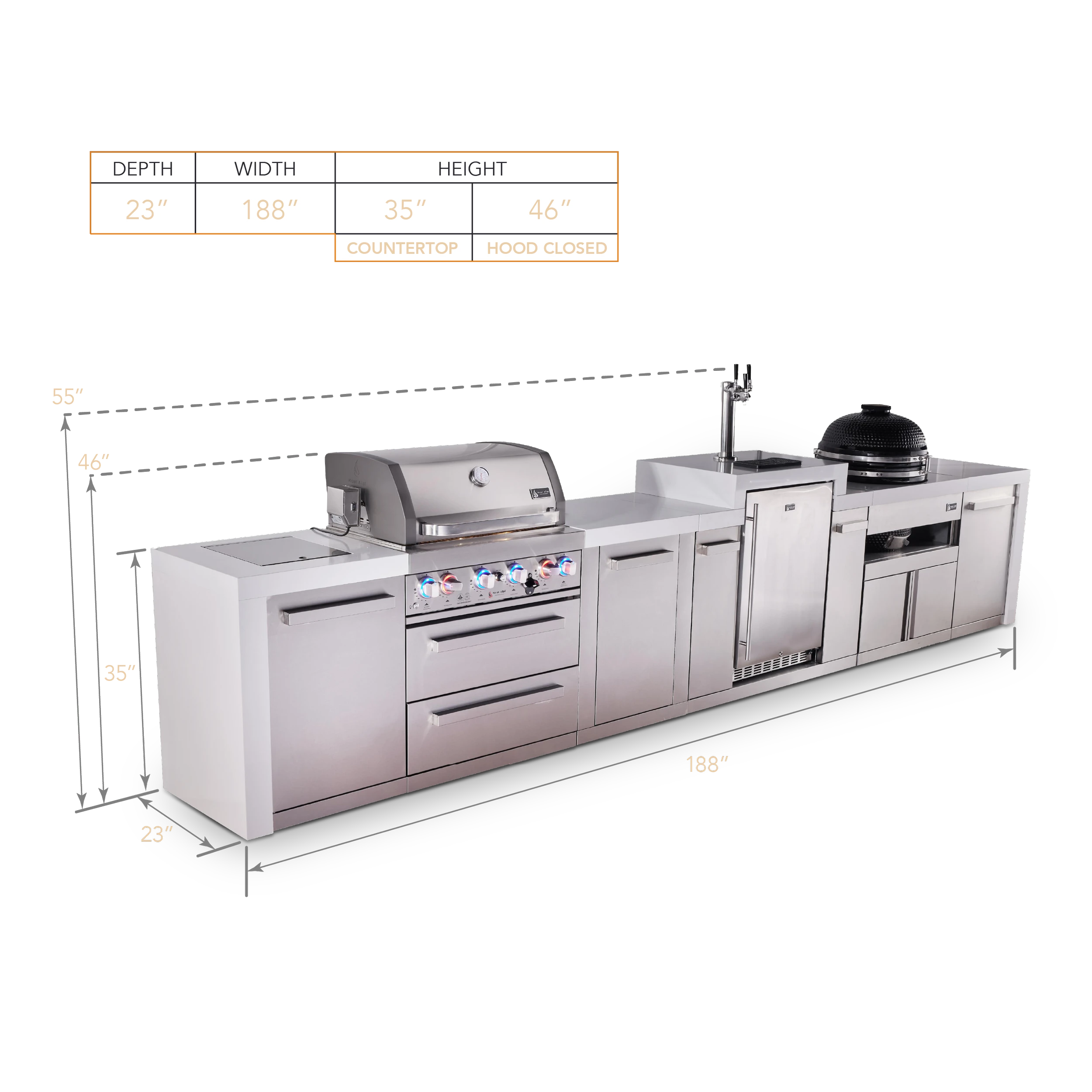 4-burner Deluxe Series Outdoor Kitchen Island With Kegerator And Kamado Module Plus Extra Storage Cabinet MAI400DKEGKAMXL
