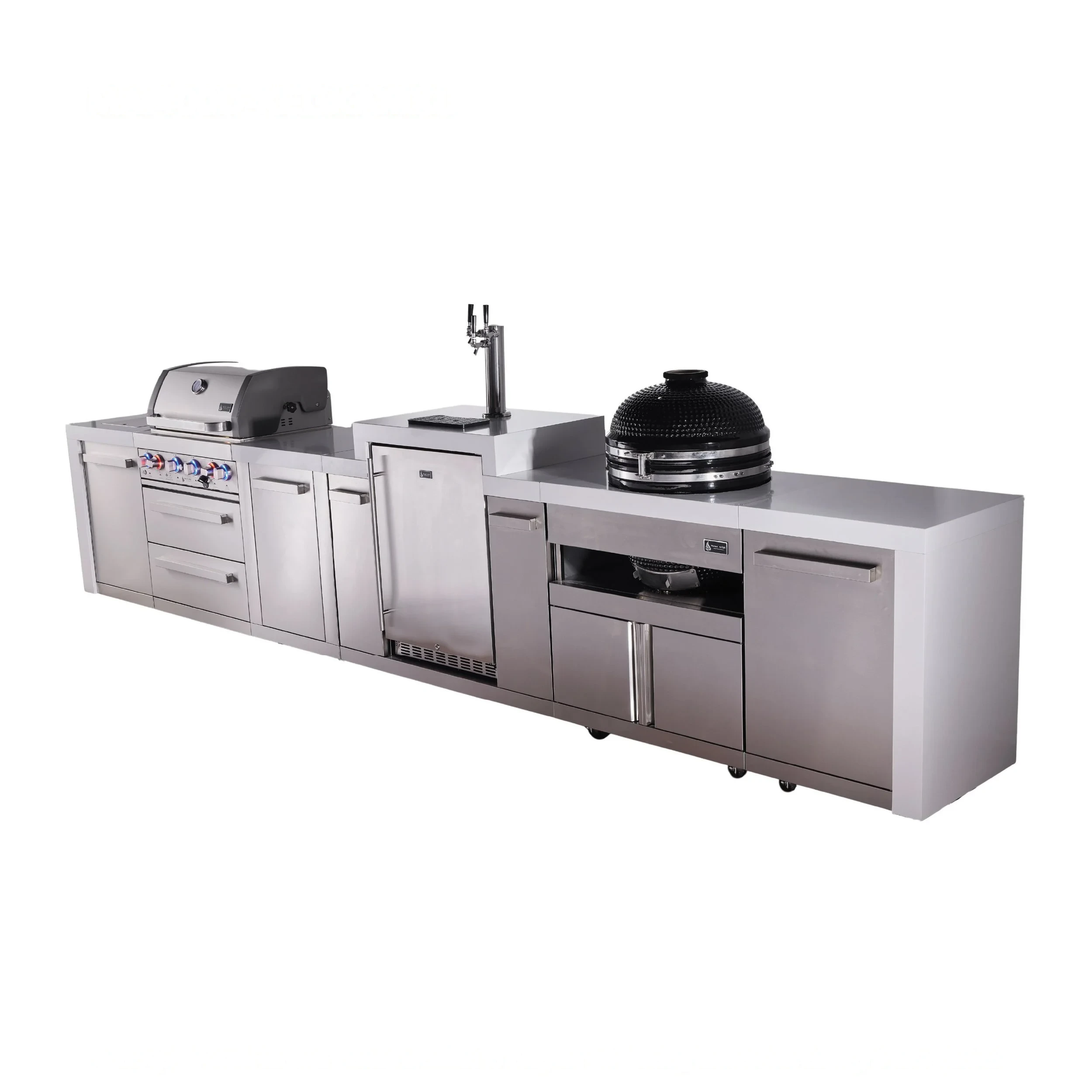 4-burner Deluxe Series Outdoor Kitchen Island With Kegerator And Kamado Module Plus Extra Storage Cabinet MAI400DKEGKAMXL