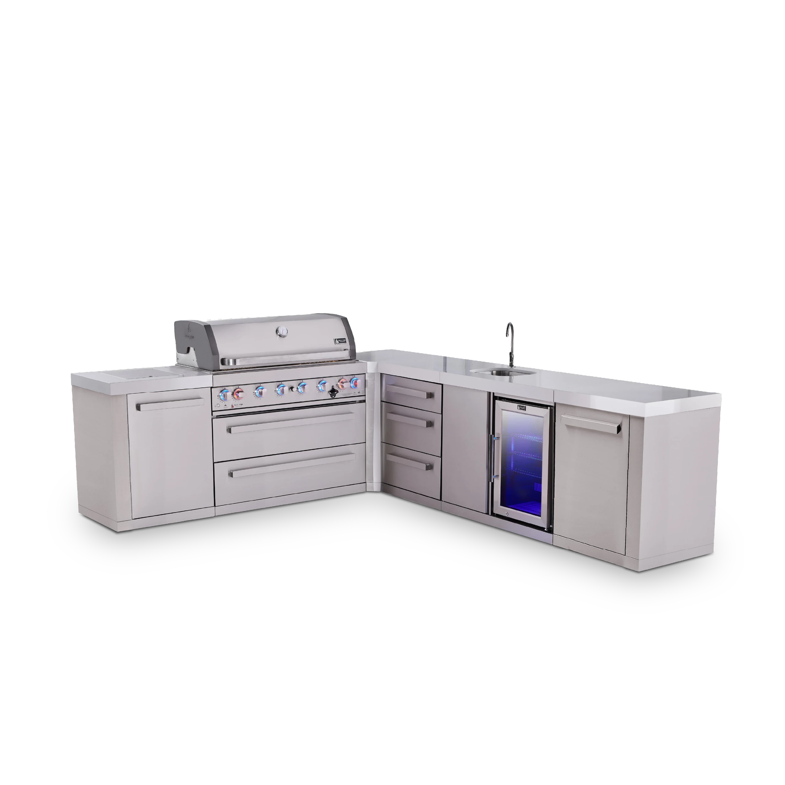 6-burner L-shaped Original Series Outdoor Kitchen Island With Beverage Center And Extra 3-drawer Cabinet MAI80590BEVDR
