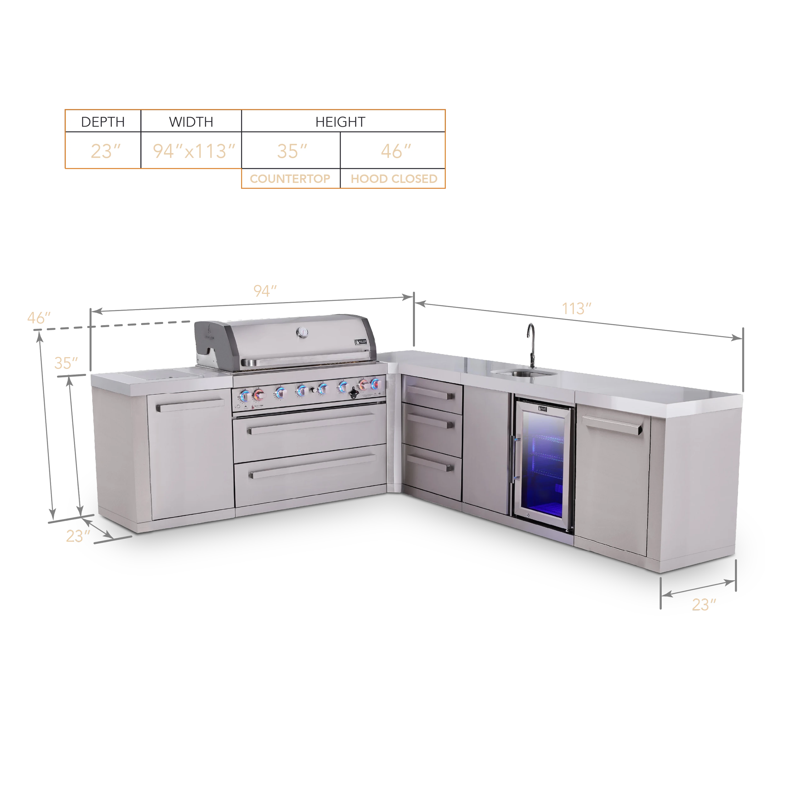 6-burner L-shaped Original Series Outdoor Kitchen Island With Beverage Center And Extra 3-drawer Cabinet MAI80590BEVDR