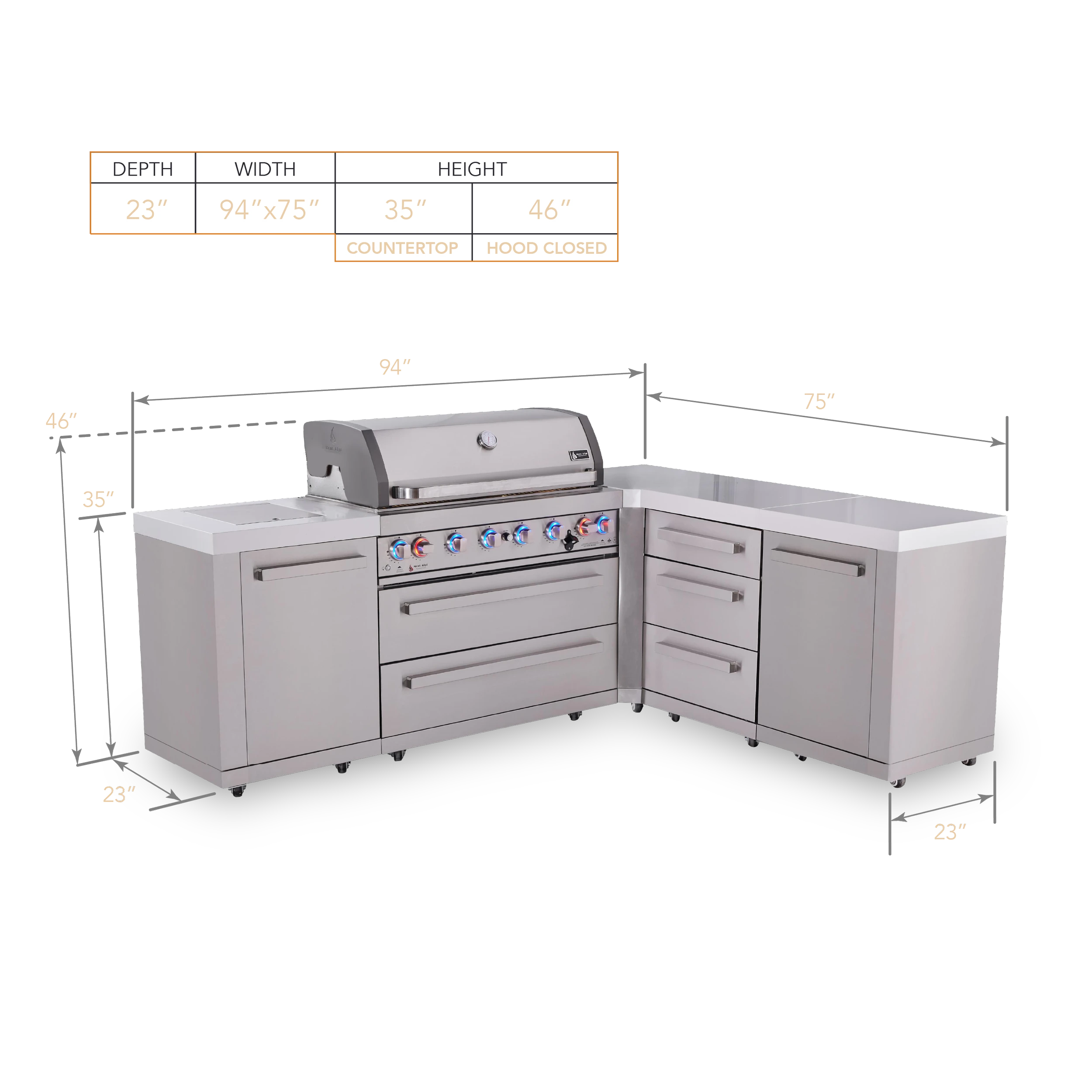 6-burner L-shaped Original Series Outdoor Kitchen Island With Extra 3-drawer Cabinet MAI80590DR