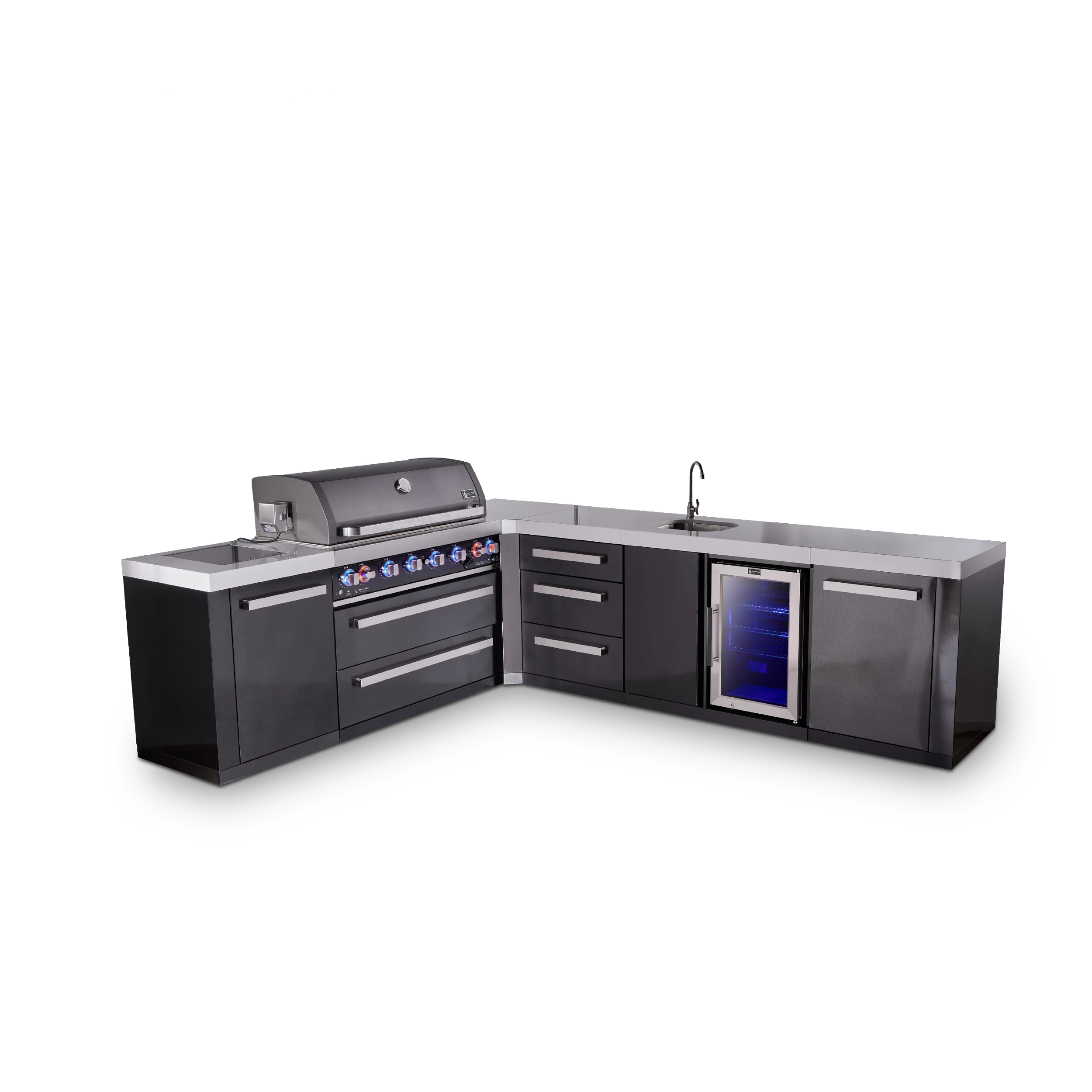 6-burner L-shaped Black Series Outdoor Kitchen Island With Beverage Center & Extra Drawer Slides Cabinet MAI805BSS90BEVDR