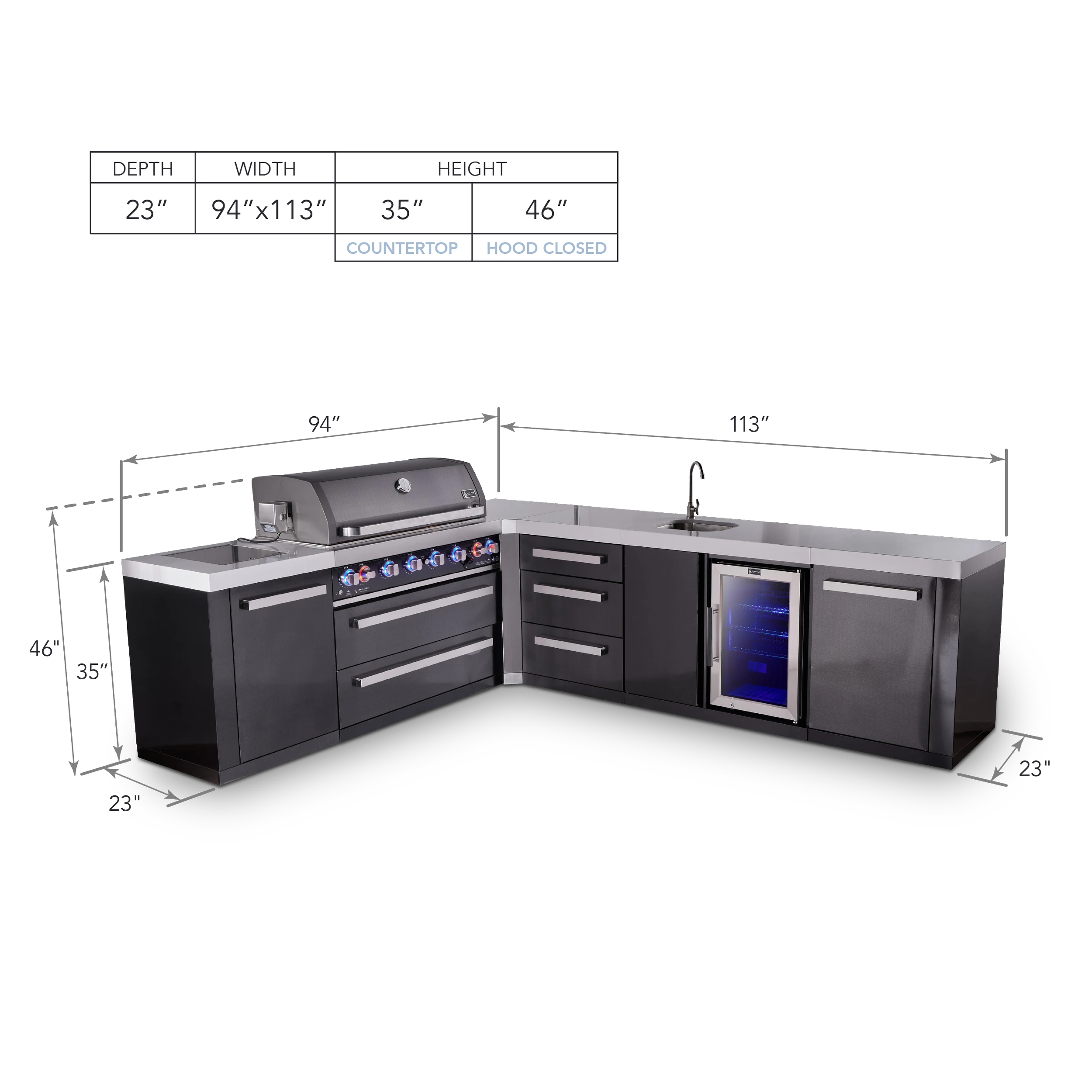 6-burner L-shaped Black Series Outdoor Kitchen Island With Beverage Center & Extra Drawer Slides Cabinet MAI805BSS90BEVDR
