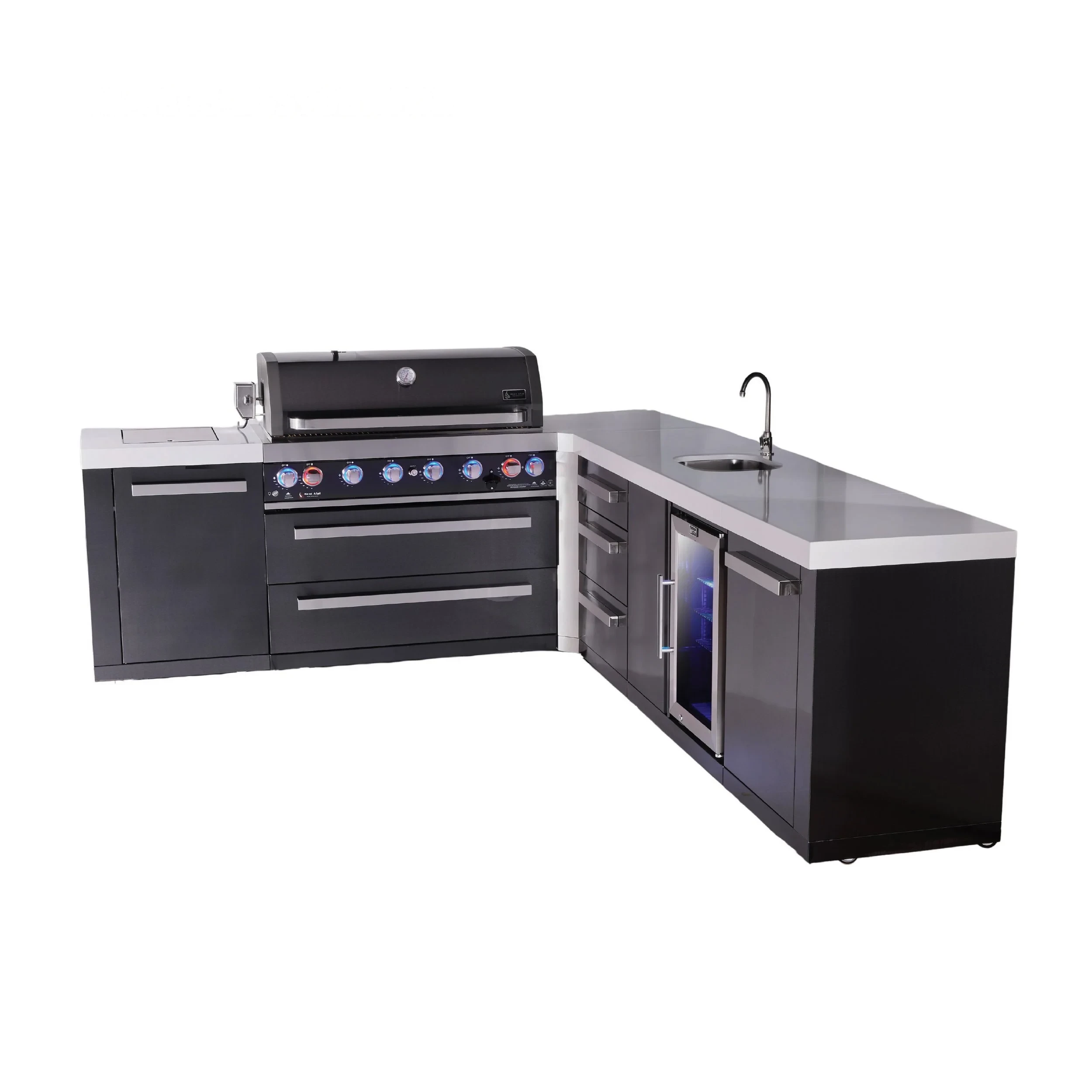 6-burner L-shaped Black Series Outdoor Kitchen Island With Beverage Center & Extra Drawer Slides Cabinet MAI805BSS90BEVDR