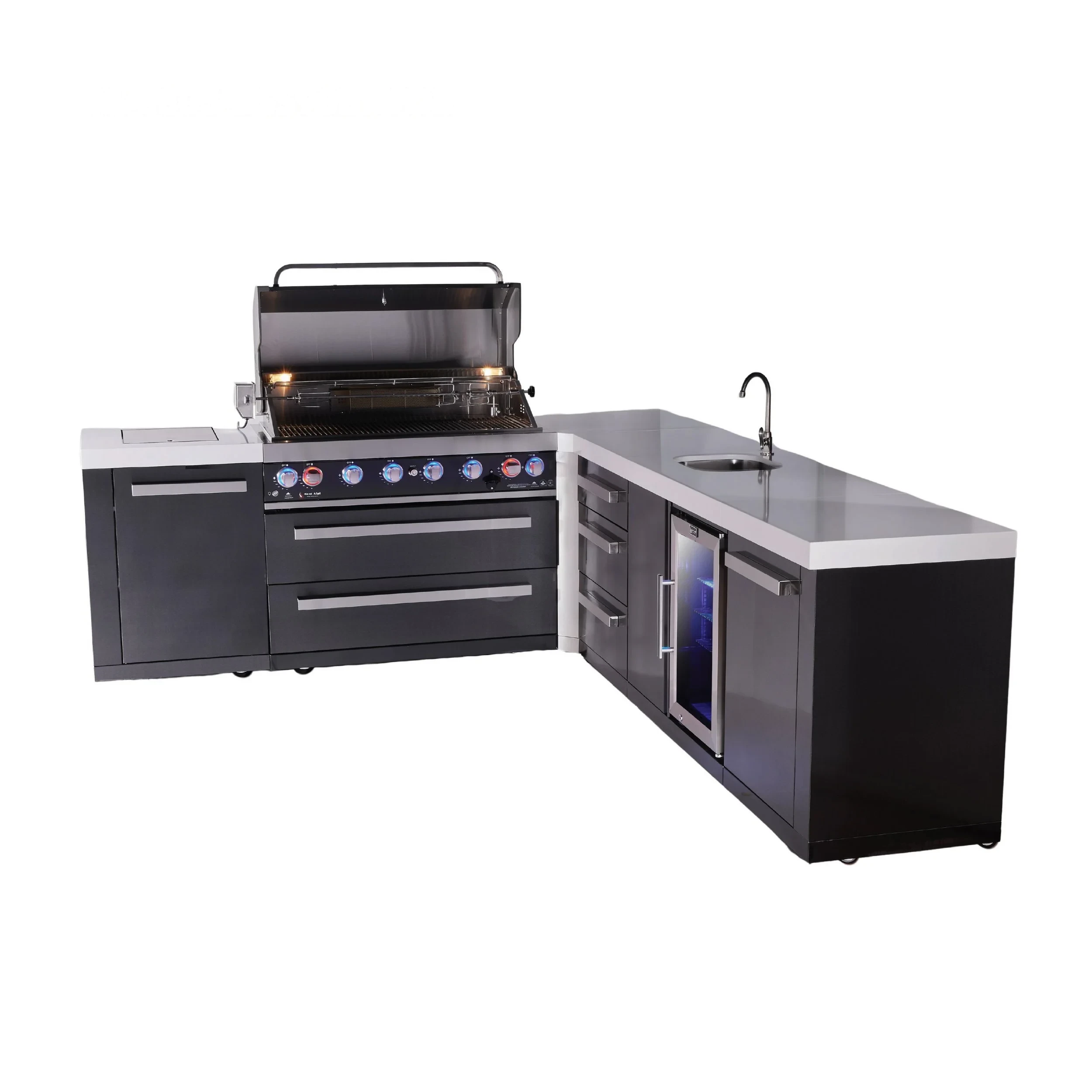 6-burner L-shaped Black Series Outdoor Kitchen Island With Beverage Center & Extra Drawer Slides Cabinet MAI805BSS90BEVDR