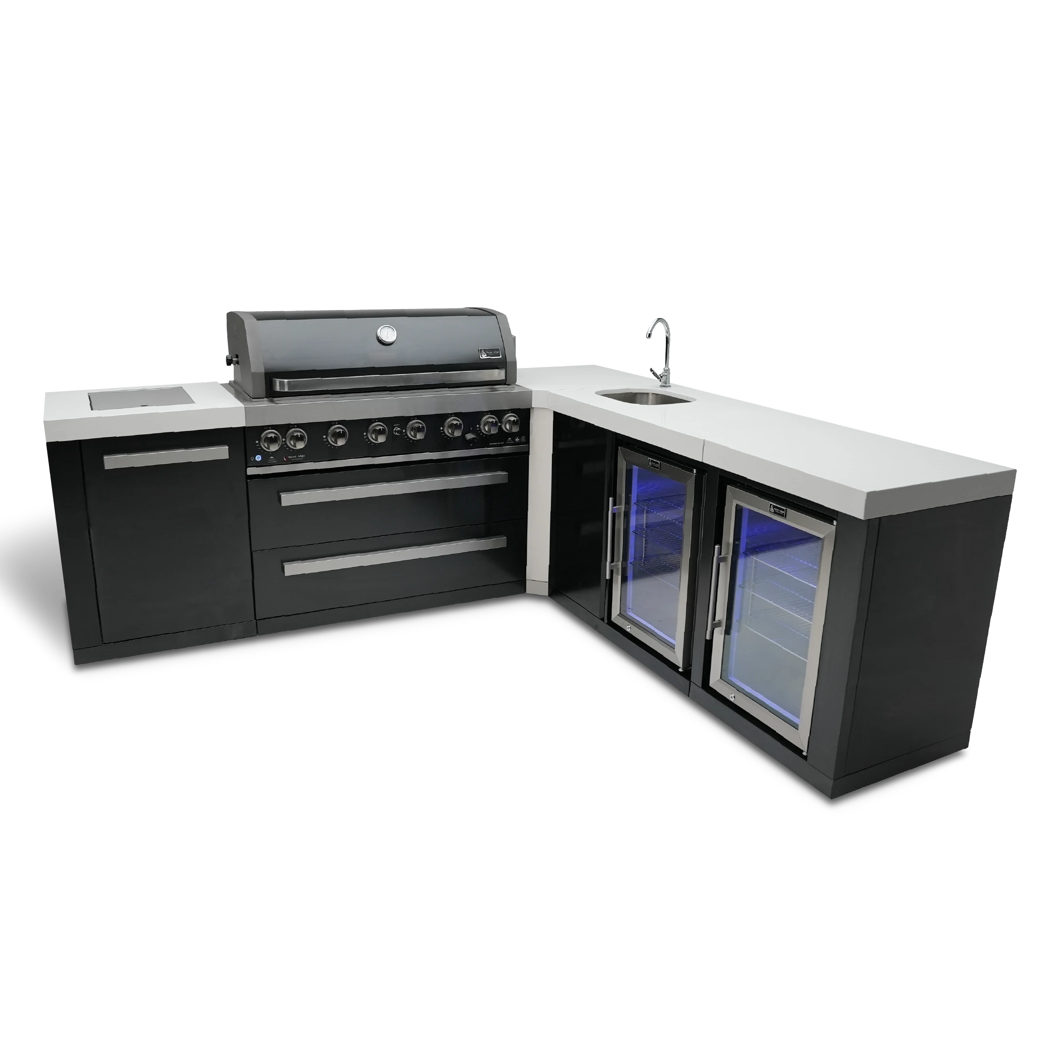 805 Black Stainless Steel Island With A 90-degree Corner, Beverage Center And Fridge Cabinet MAI805BSS90BEVFC