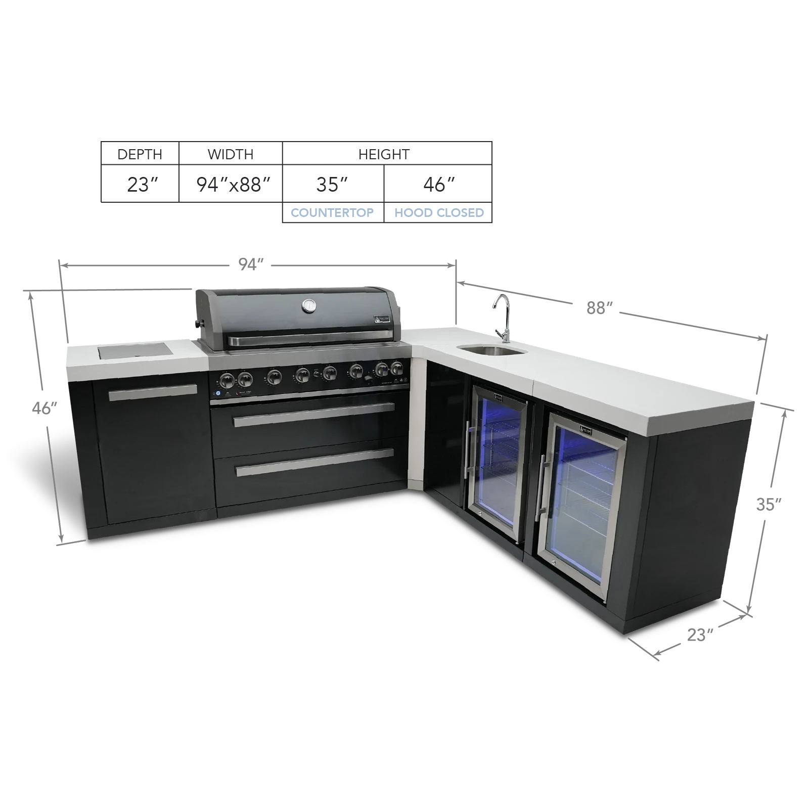 805 Black Stainless Steel Island With A 90-degree Corner, Beverage Center And Fridge Cabinet MAI805BSS90BEVFC