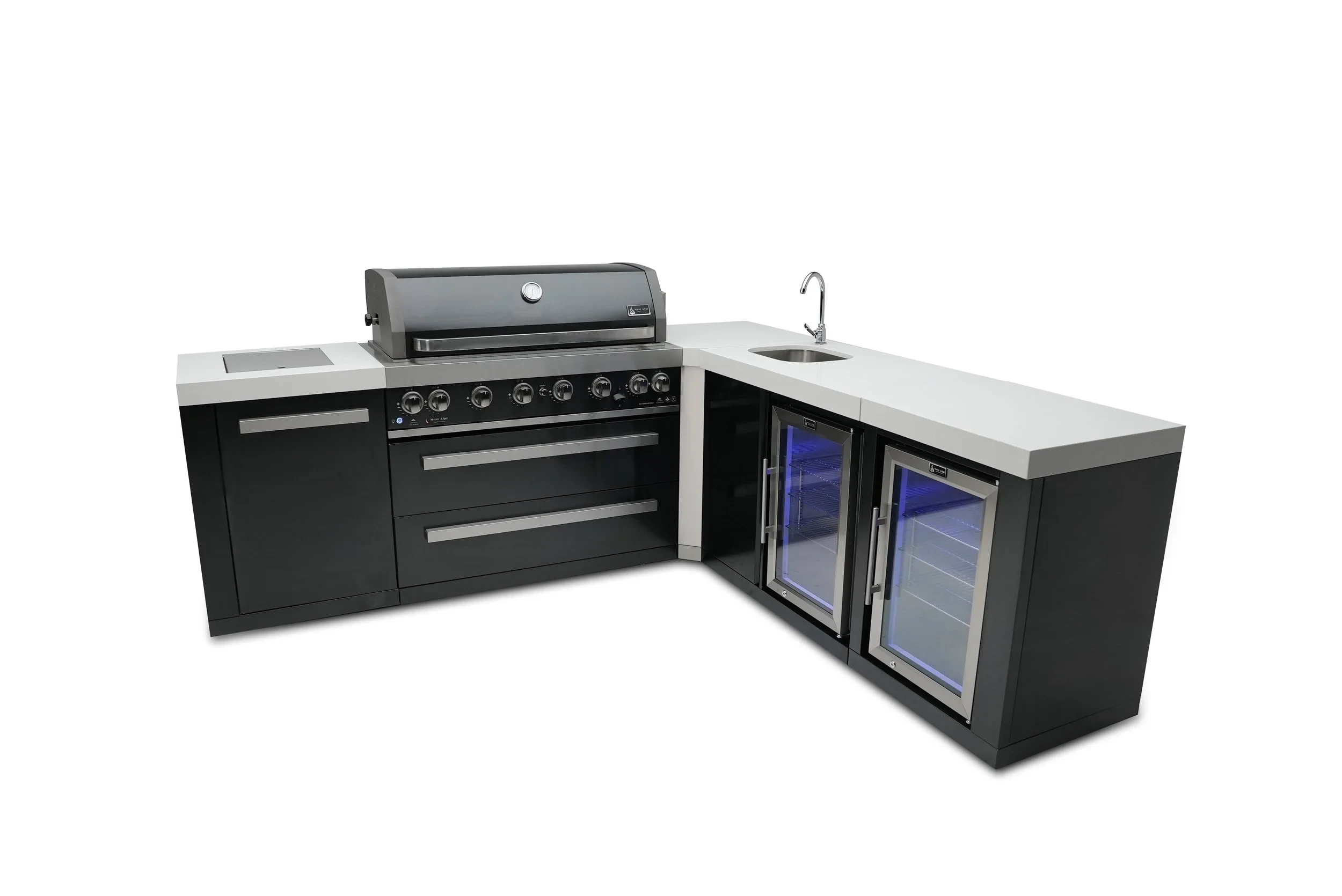 805 Black Stainless Steel Island With A 90-degree Corner, Beverage Center And Fridge Cabinet MAI805BSS90BEVFC