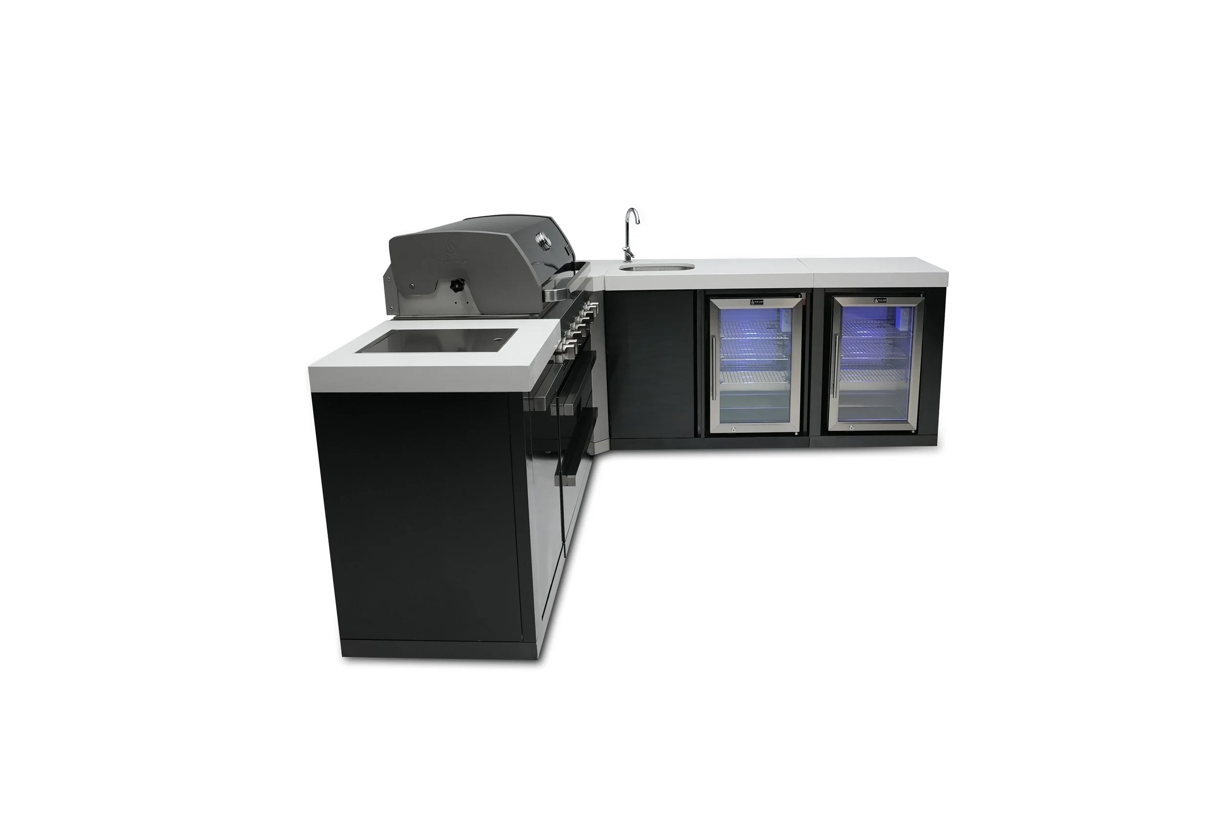 805 Black Stainless Steel Island With A 90-degree Corner, Beverage Center And Fridge Cabinet MAI805BSS90BEVFC