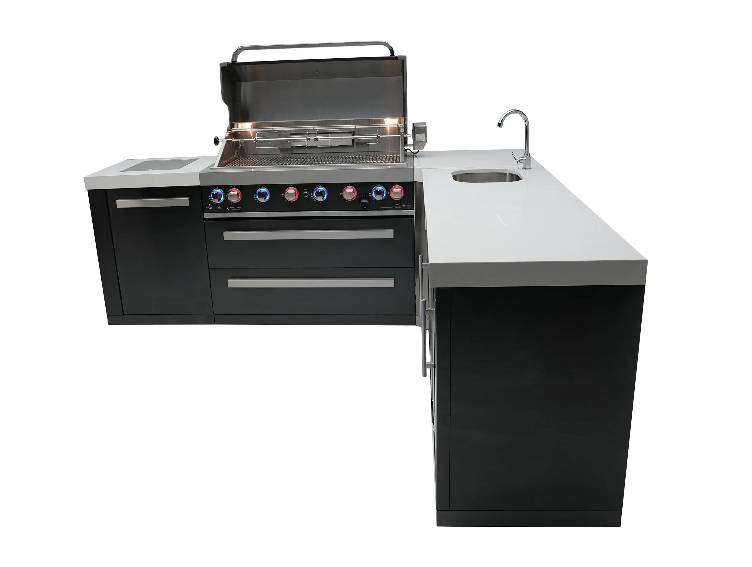 805 Black Stainless Steel Island With A 90-degree Corner, Beverage Center And Fridge Cabinet MAI805BSS90BEVFC
