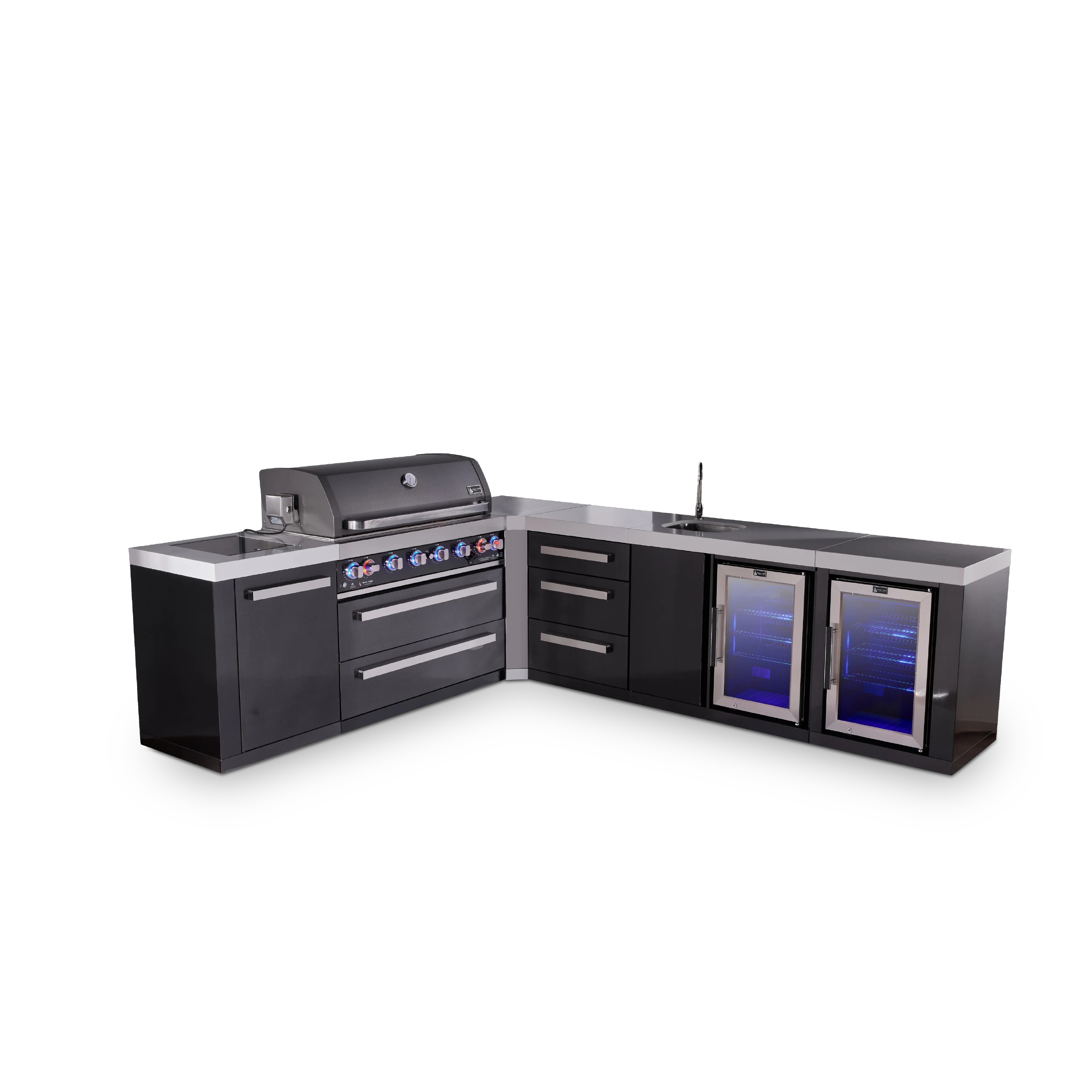 6-burner L-shaped Black Series Outdoor Kitchen Island With Beverage Center, Corner Fridge & Extra Drawer Slides Cabinet MAI805BSS90BEVFCDR