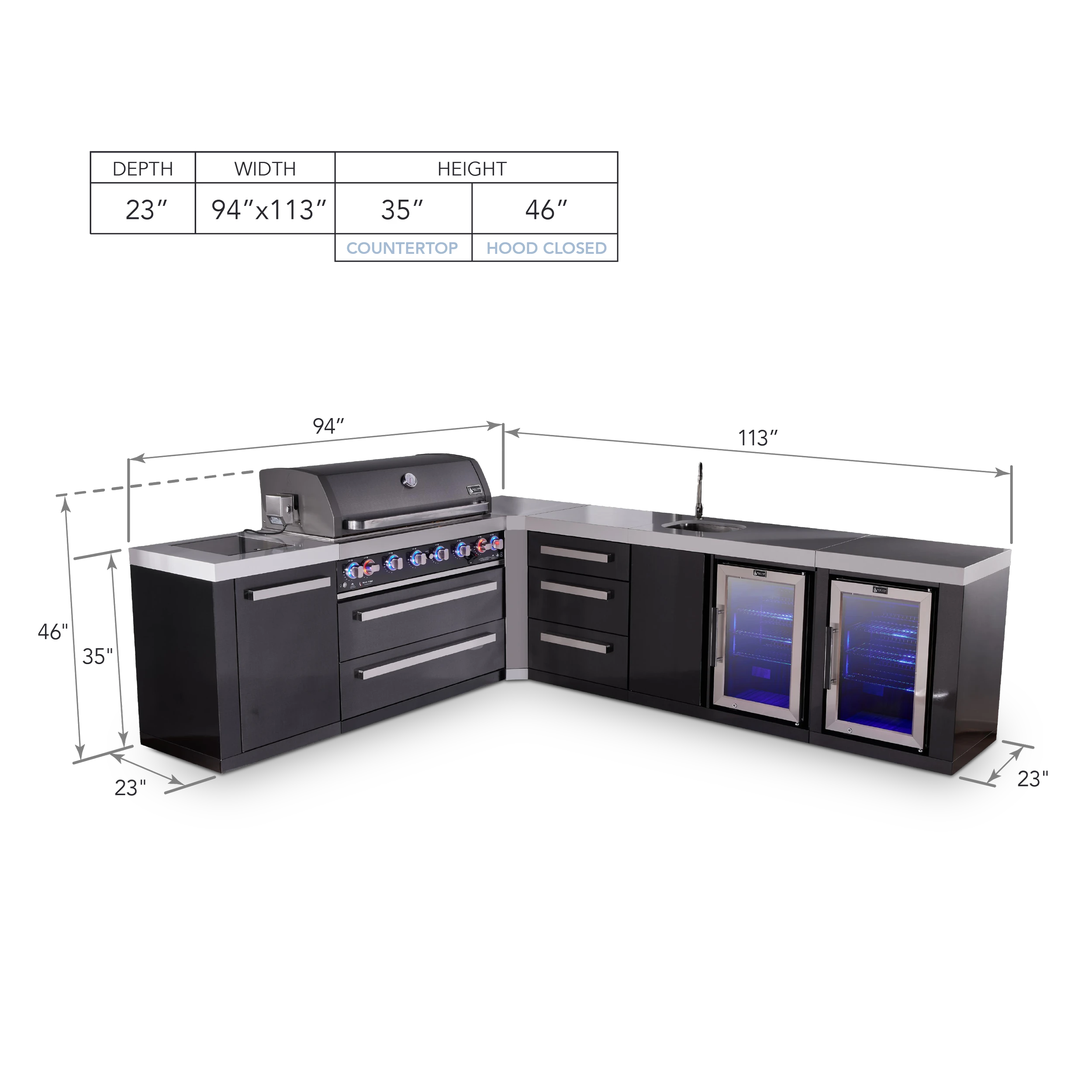 6-burner L-shaped Black Series Outdoor Kitchen Island With Beverage Center, Corner Fridge & Extra Drawer Slides Cabinet MAI805BSS90BEVFCDR