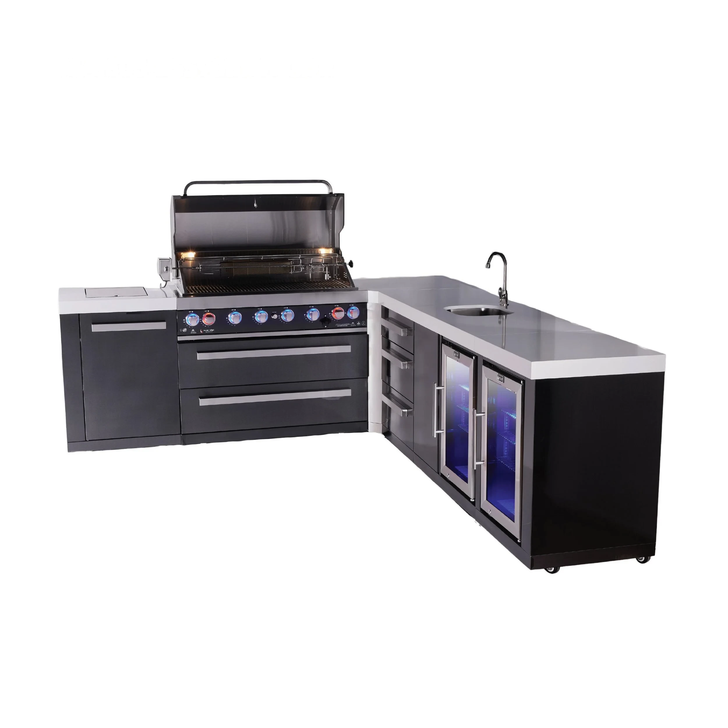 6-burner L-shaped Black Series Outdoor Kitchen Island With Beverage Center, Corner Fridge & Extra Drawer Slides Cabinet MAI805BSS90BEVFCDR