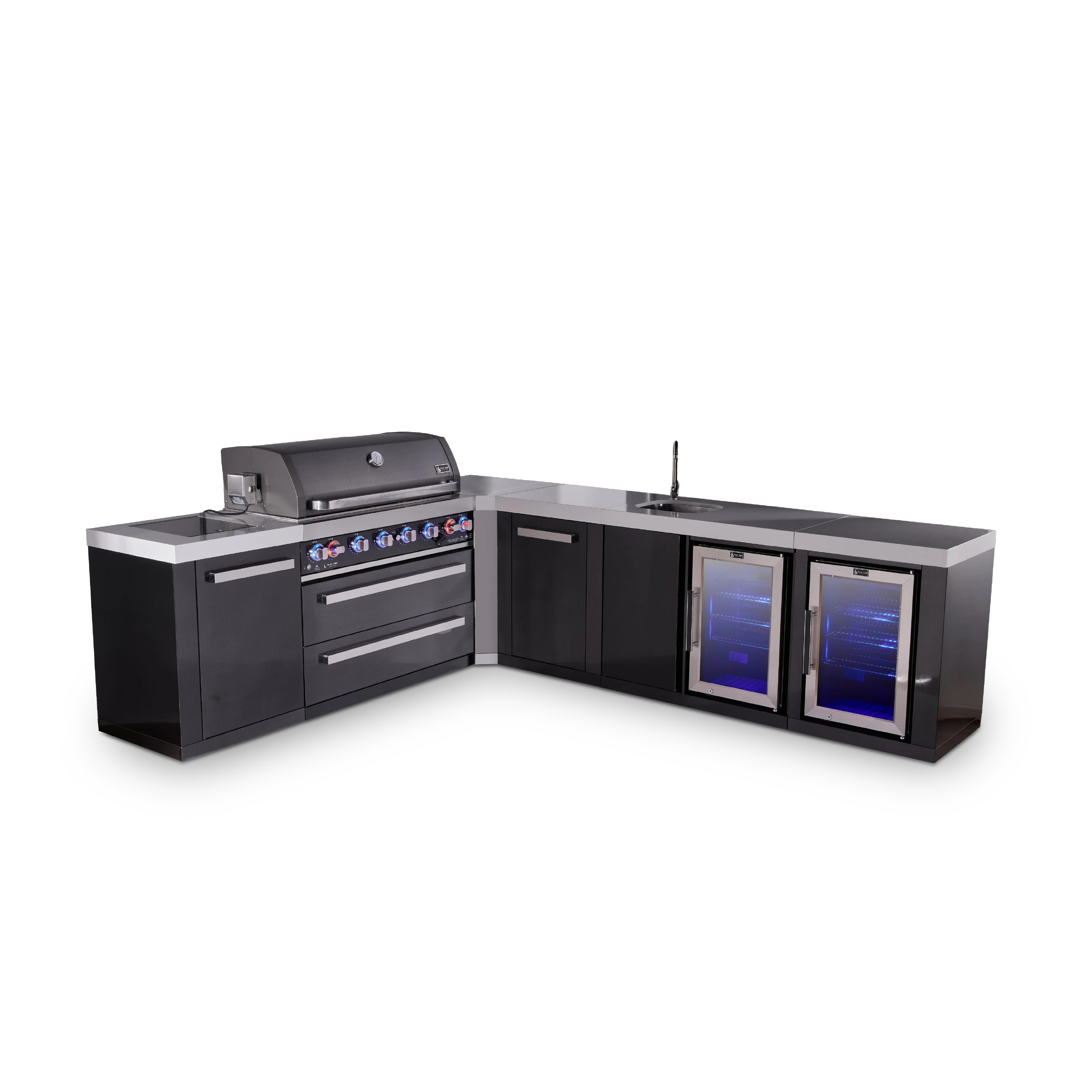 6-burner L-shaped Black Series Outdoor Kitchen Island With Beverage Center, Corner Fridge & Xl Extra Storage Cabinet MAI805BSS90BEVFCXL