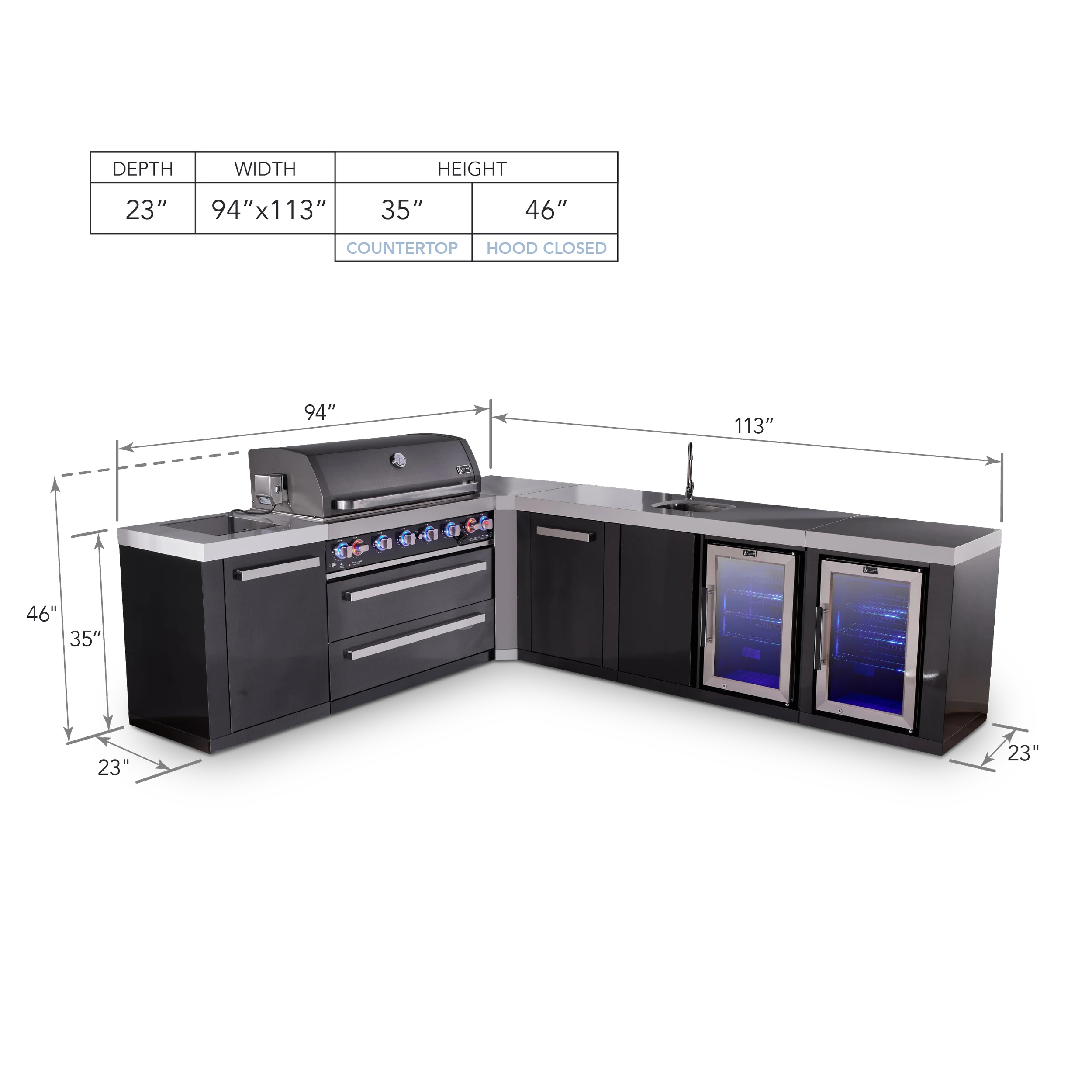 6-burner L-shaped Black Series Outdoor Kitchen Island With Beverage Center, Corner Fridge & Xl Extra Storage Cabinet MAI805BSS90BEVFCXL